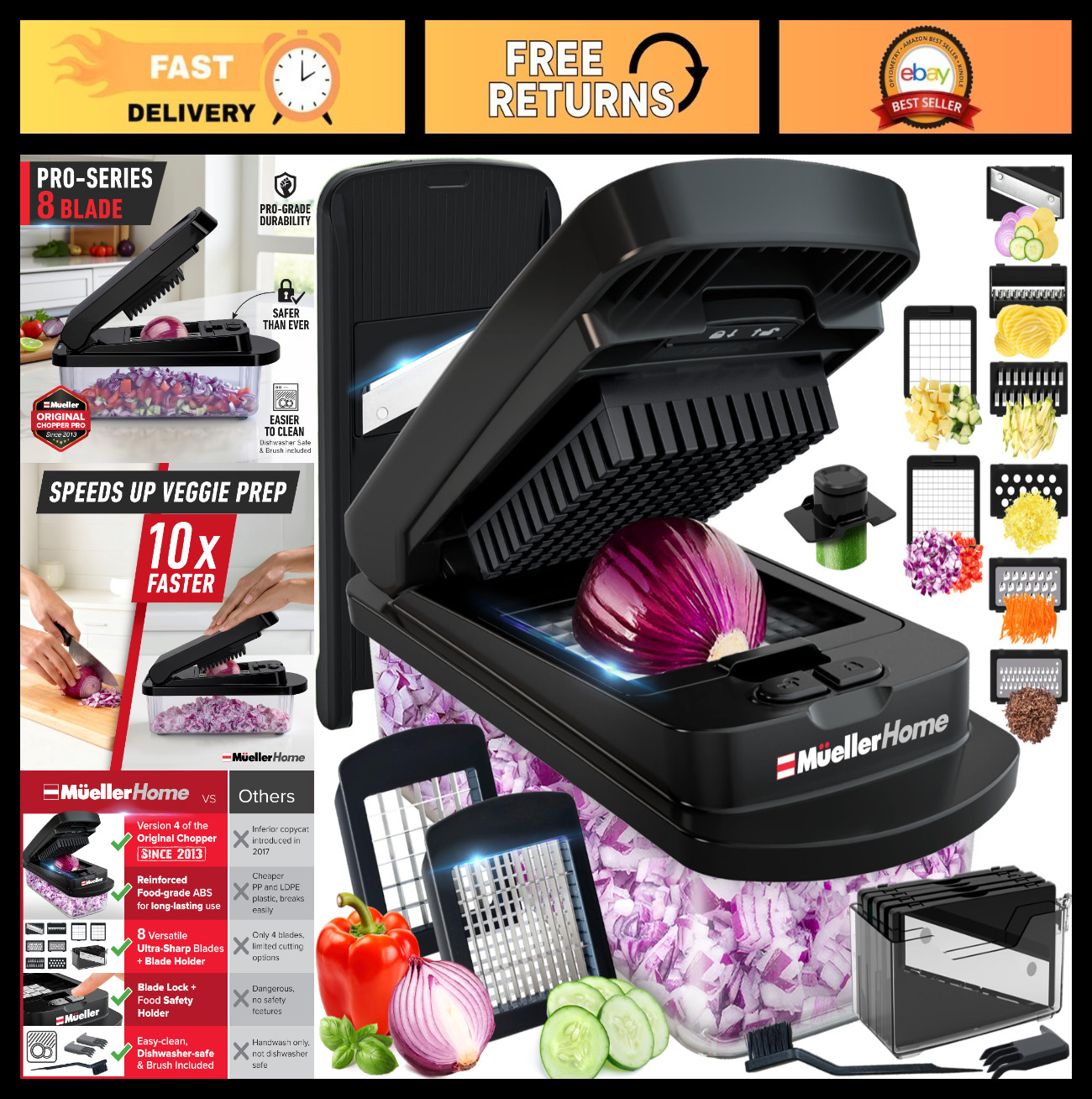 10-in-1 Vegetable Chopper & Mandoline Slicer, 8 Blades, Onion Mincer, Dicer, Kit