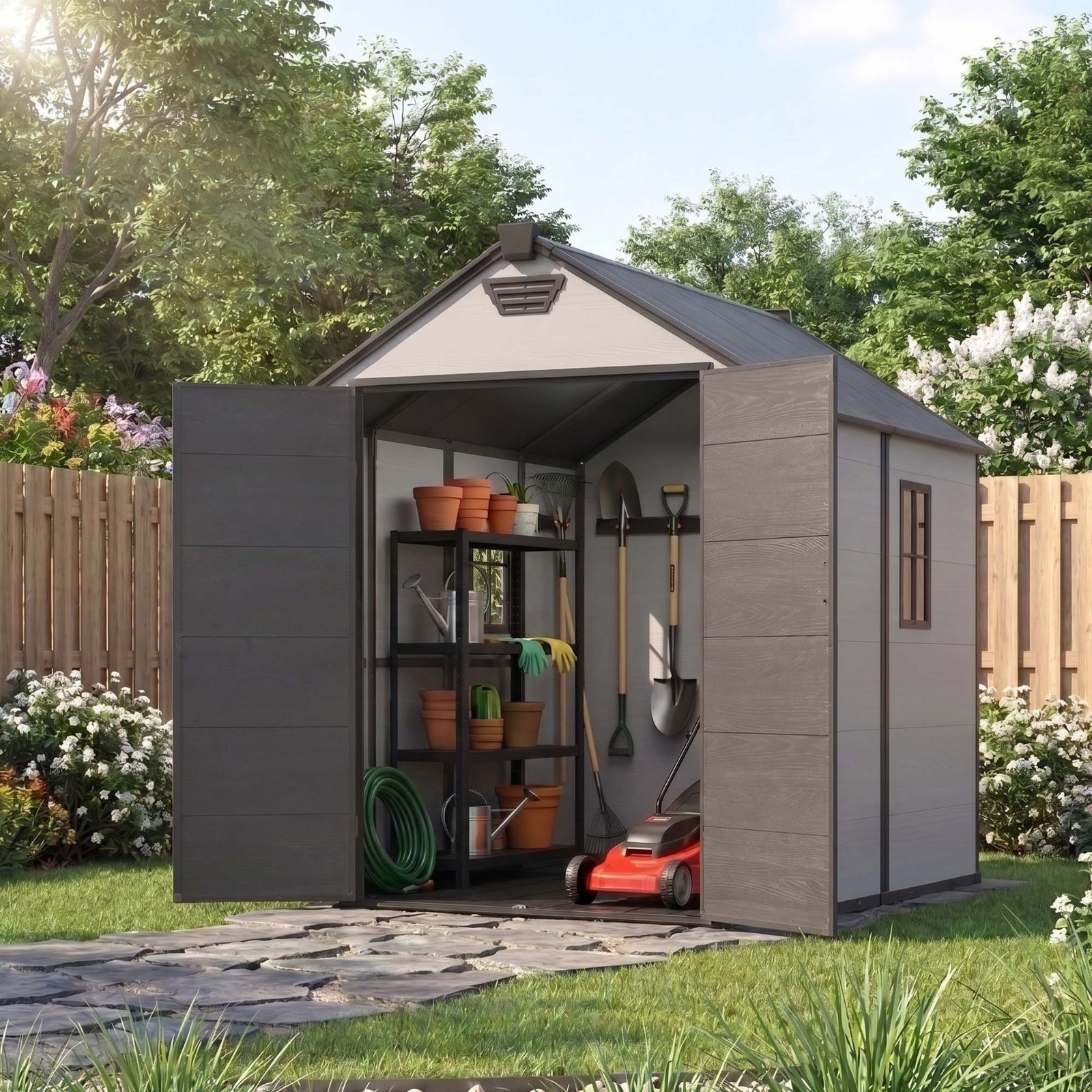 6x8 FT Outdoor Resin Storage Plastic Garden Shed with Floor and windows 6x8 FT Outdoor Resin Storage Plastic Garden Shed with Floor and windows