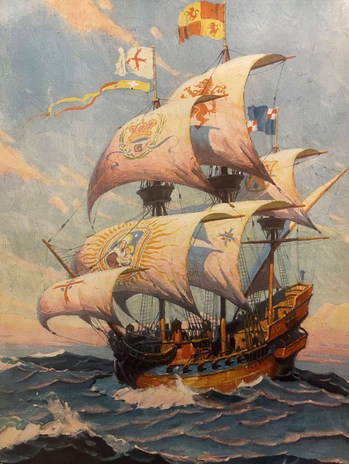 Vintage 1930s Spanish Galleon Print 🌊 Heraldic Sails Nautical Ship Art 16x12