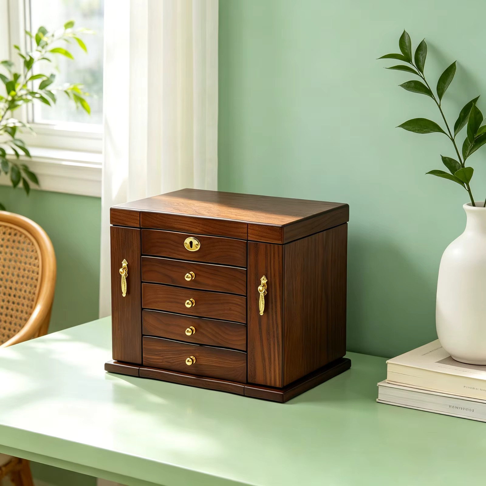Wooden Jewelry Box, Brown, Lockable Jewelry Boxes, 5 Layer Large Capacity, For R Wooden Jewelry Box, Brown, Lockable Jewelry Boxes, 5 Layer Large Capacity, For R