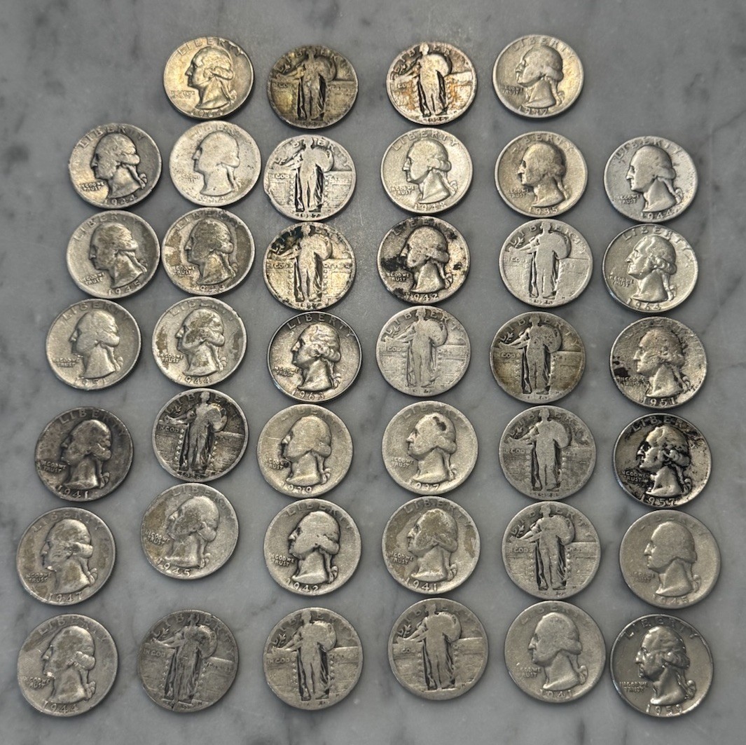 [Lot of 40] Washington Standing Quarter Mixed Full Roll - LOW GRADE - 90% Silver