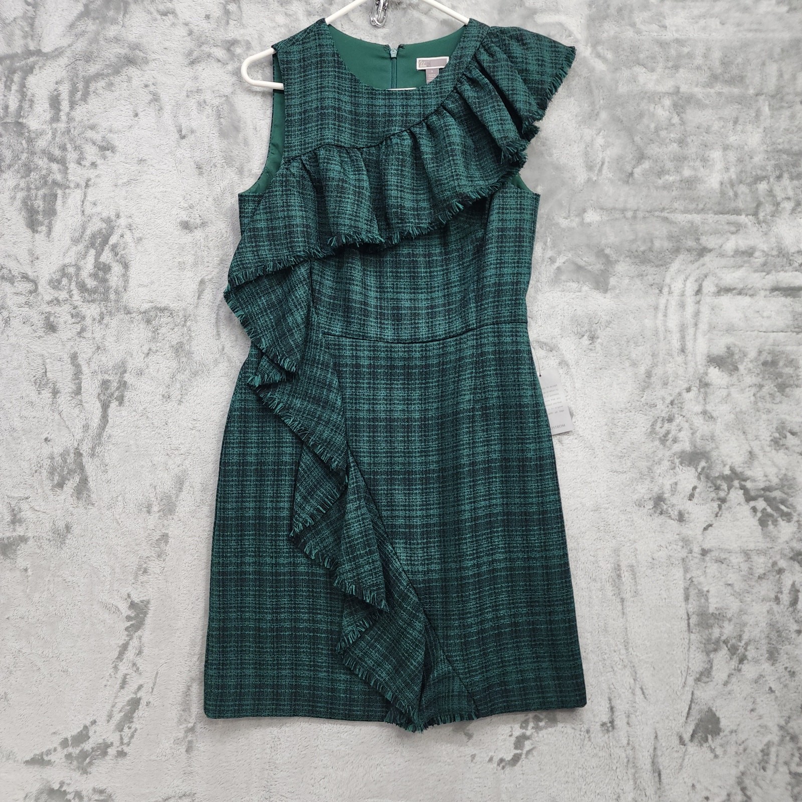 NEW Chelsea28 Dress Womens 8 Green Black Plaid Sleeveless Ruffled Sheath Party