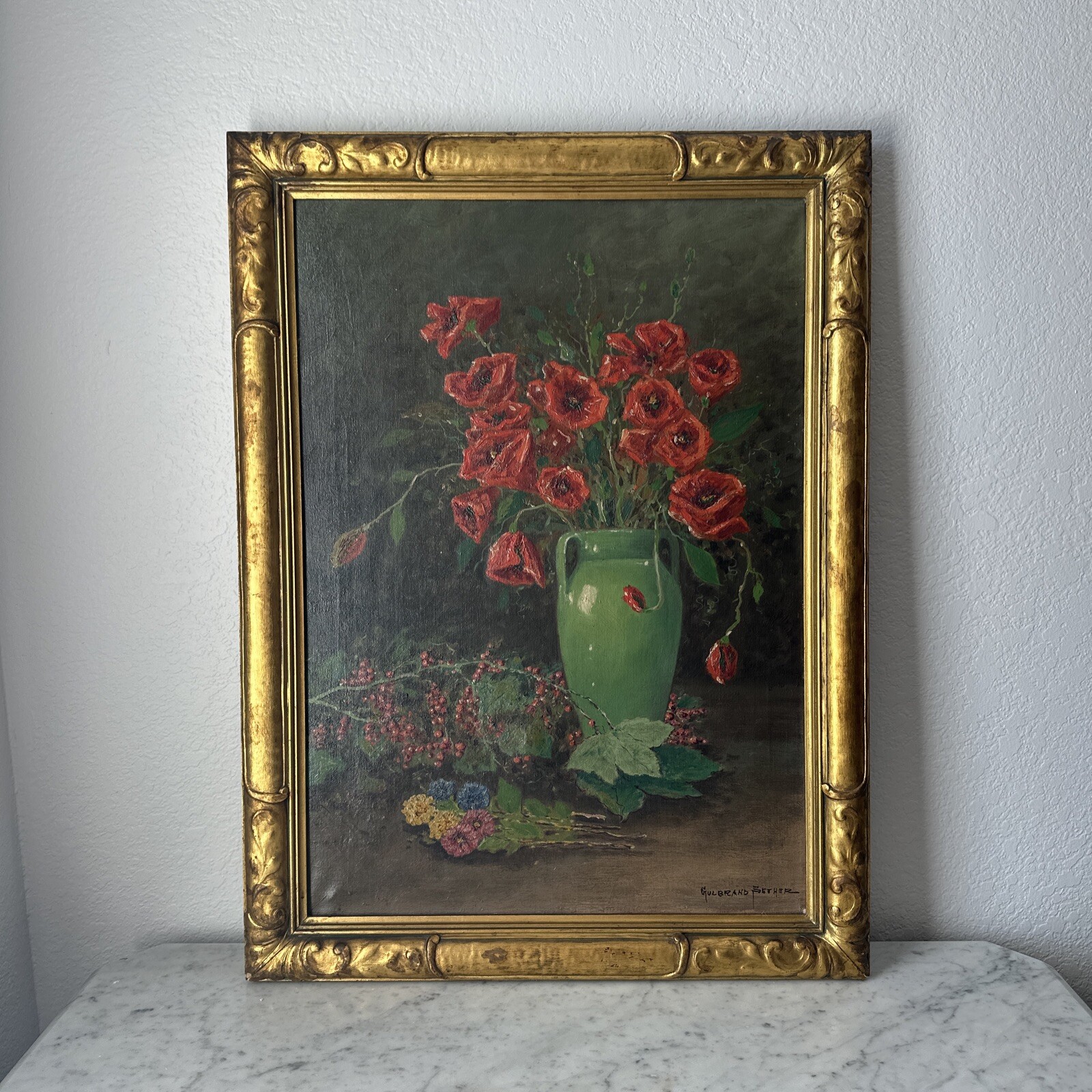 Antique Oil Painting Red Poppy Flowers Gulbrand Sether 1869-1941 Chicago Antique Oil Painting Red Poppy Flowers Gulbrand Sether 1869-1941 Chicago