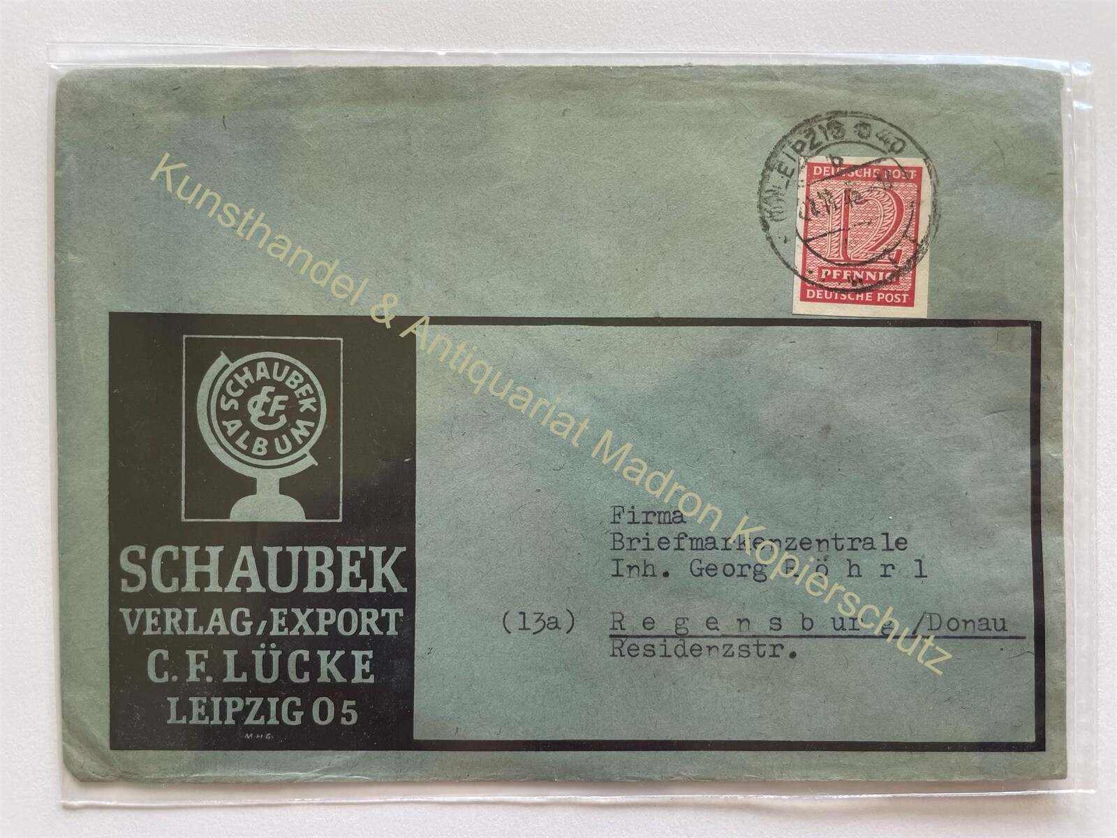 orig. Advertising envelope 1945 Schaubek Leipzig C. F. gap orig. Advertising envelope 1945 Schaubek Leipzig C. F. gap