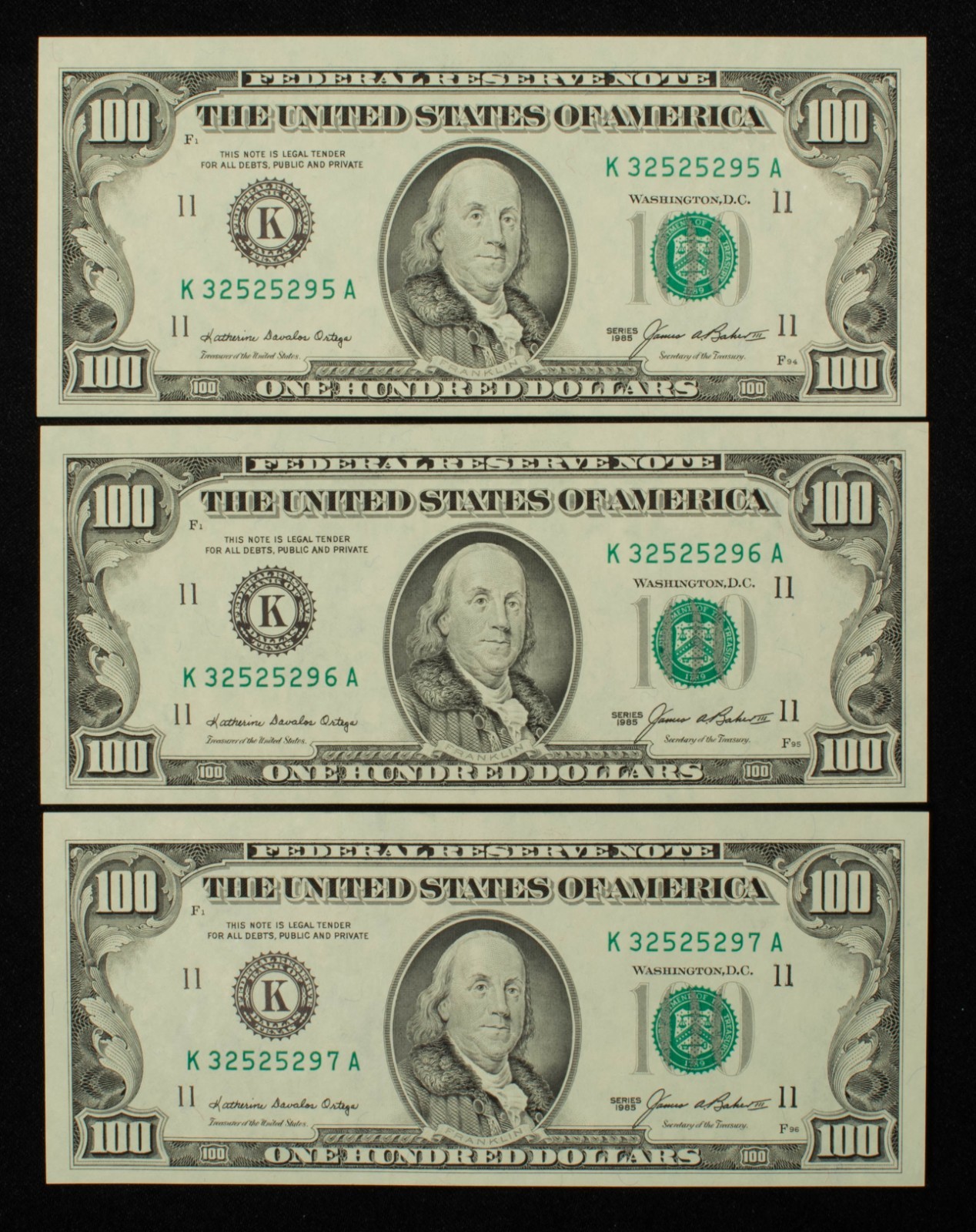3 Consecutive 1985 $100 FRN Federal Reserve Notes - FR 2171K - UNC - SKU-CA2123 3 Consecutive 1985 $100 FRN Federal Reserve Notes - FR 2171K - UNC - SKU-CA2123
