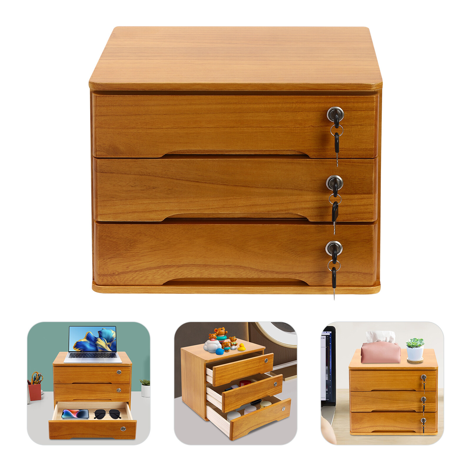 Wooden Desktop Storage Case 3-Tier Desk Drawer Organizer Case Storage Cabinet
