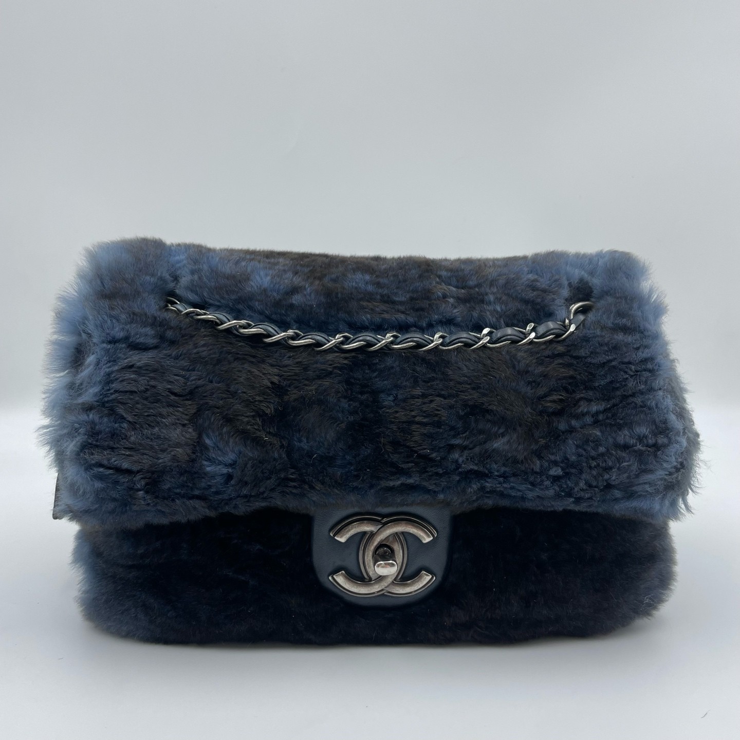 Chanel Classic Flap Medium Blue Fur Silver HW Shoulder Bag Preowned Authentic Chanel Classic Flap Medium Blue Fur Silver HW Shoulder Bag Preowned Authentic