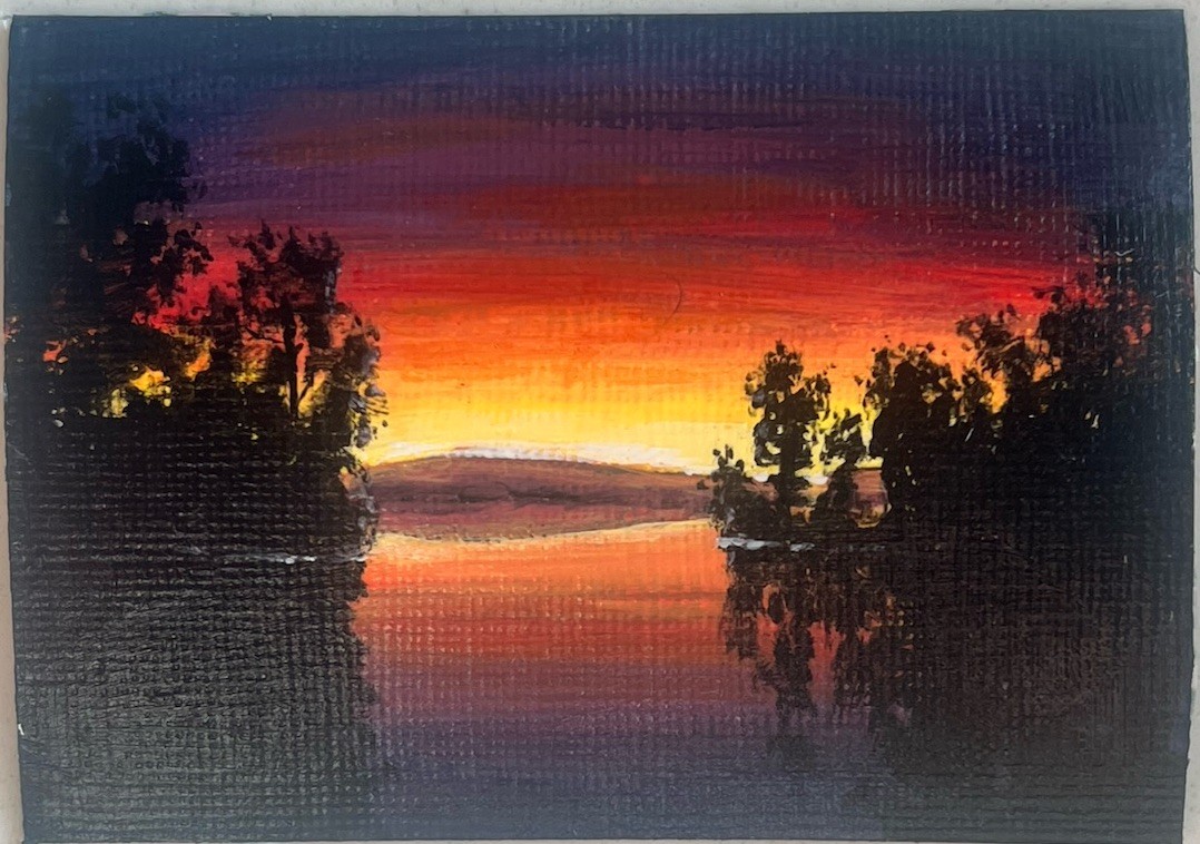 Signed Original Miniature Painting Realism Colorful Lake Sunset ACEO Signed Original Miniature Painting Realism Colorful Lake Sunset ACEO