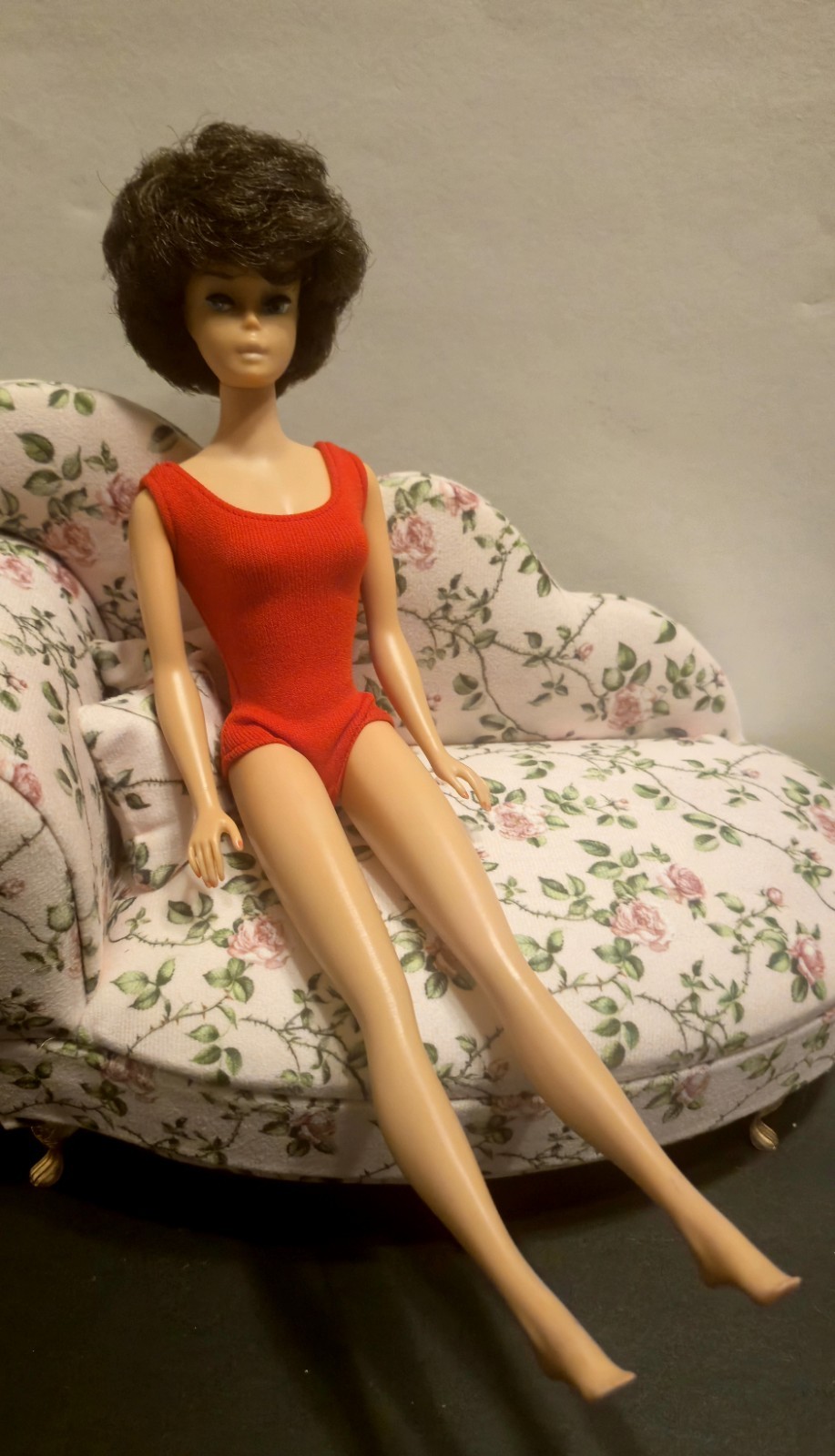 Vintage 1963 Bubblecut Barbie with Red Helsinki Bathing Suit, Black Full Hair