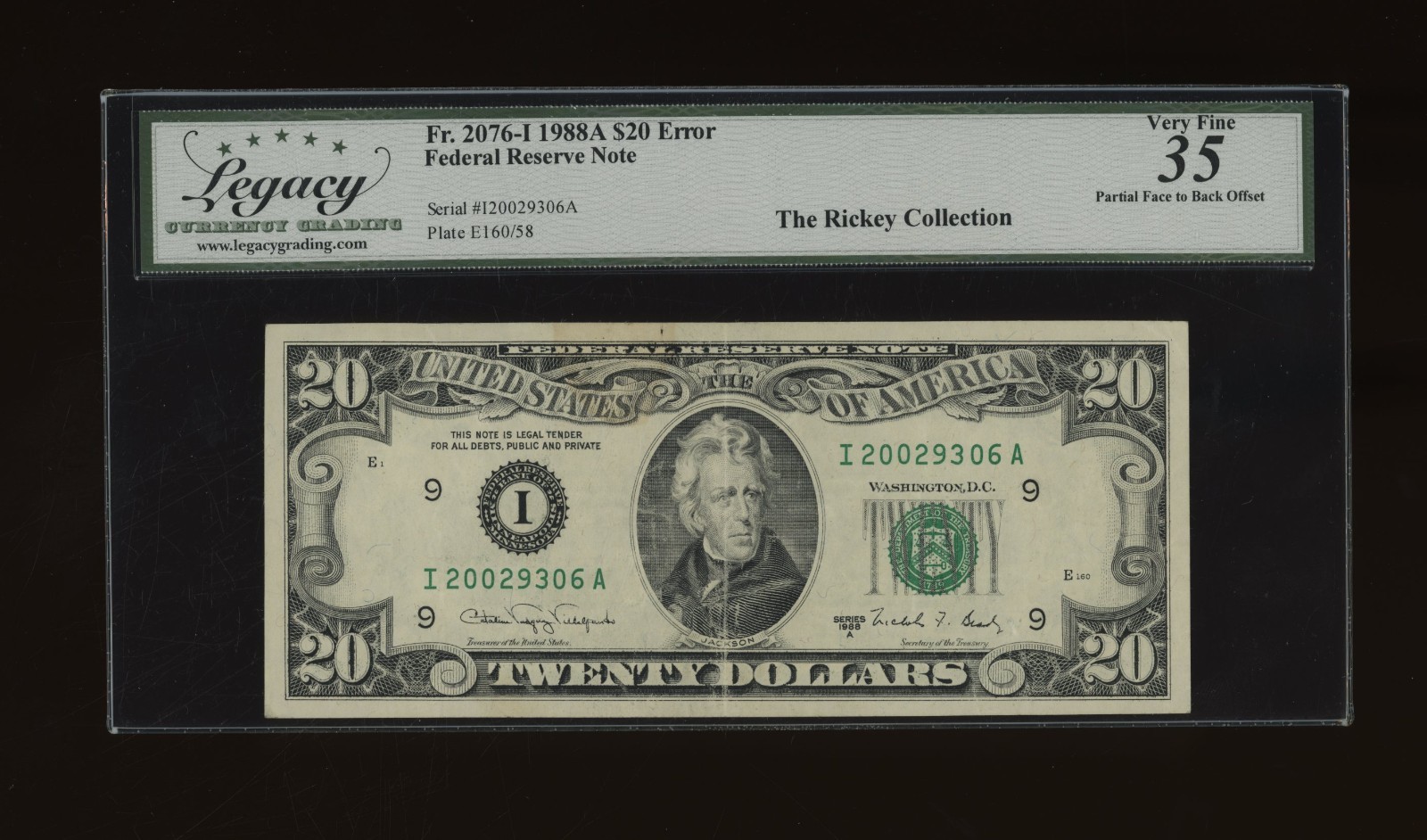 DBR 1988-A $20 FRN Minneapolis Error Fr. 2076-I Legacy 35 Serial I20029306A