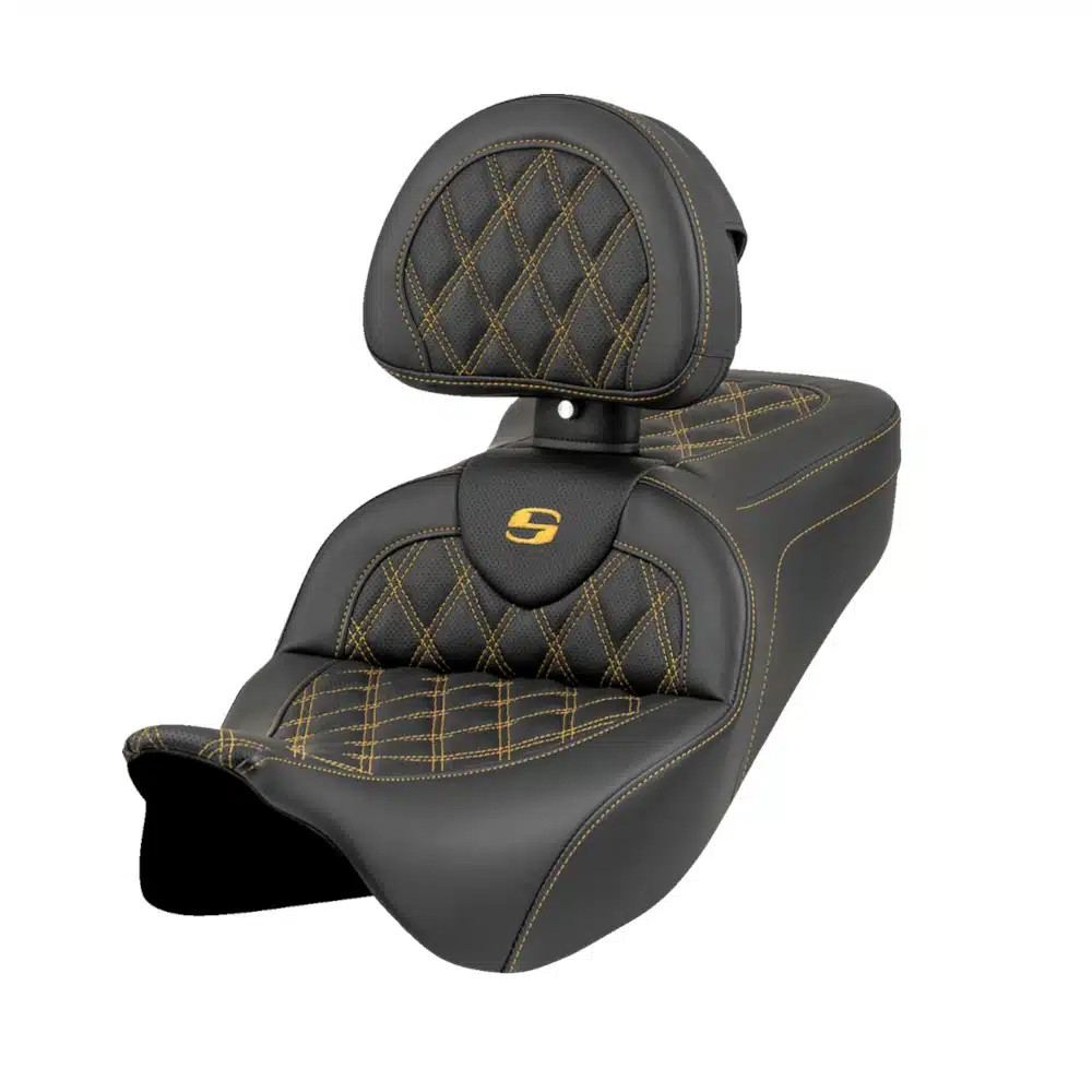 Saddlemen® Roadsofa™ Seat - Lattice - Gold Stitch - w/ Backrest - FL \'08-\'23