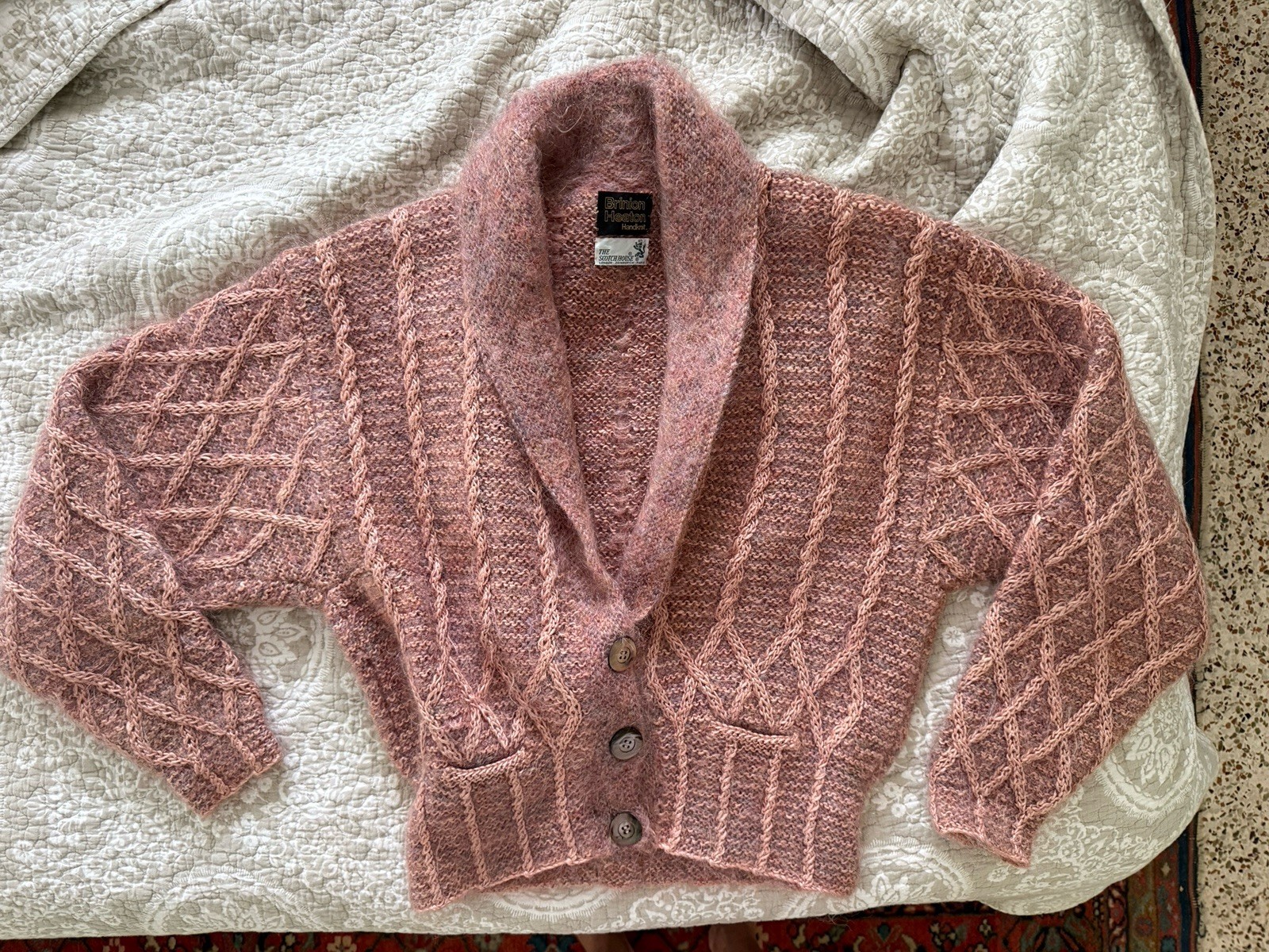 Vtg Brinion Heaton The Scotch House Handknit Mohair Wool Crop Cable Cardigan UK