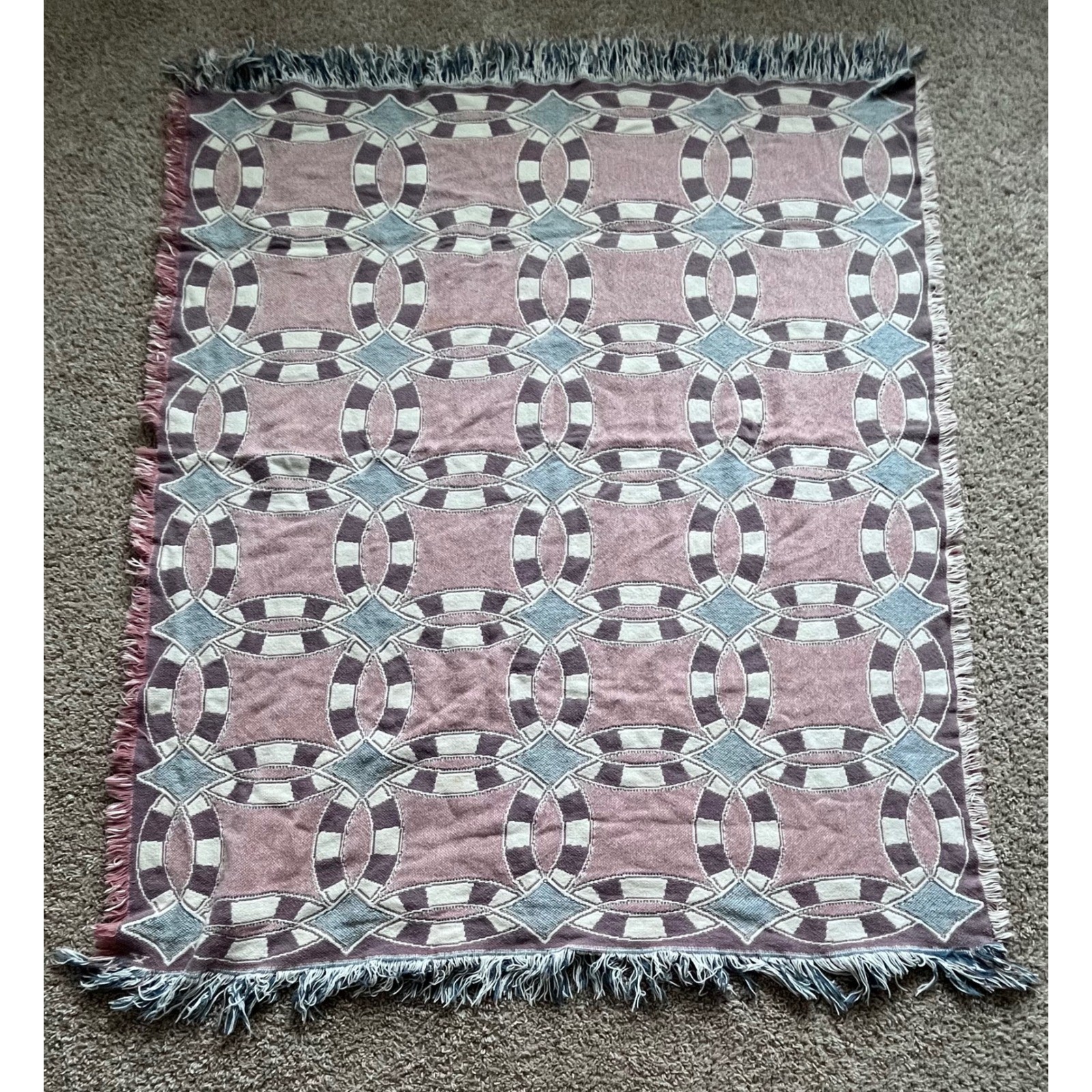 Vintage Woven Tapestry Throw Blanket Double Wedding Ring Quilt Mauve Blue 60x48 Vintage Woven Tapestry Throw Blanket Double Wedding Ring Quilt Mauve Blue 60x48