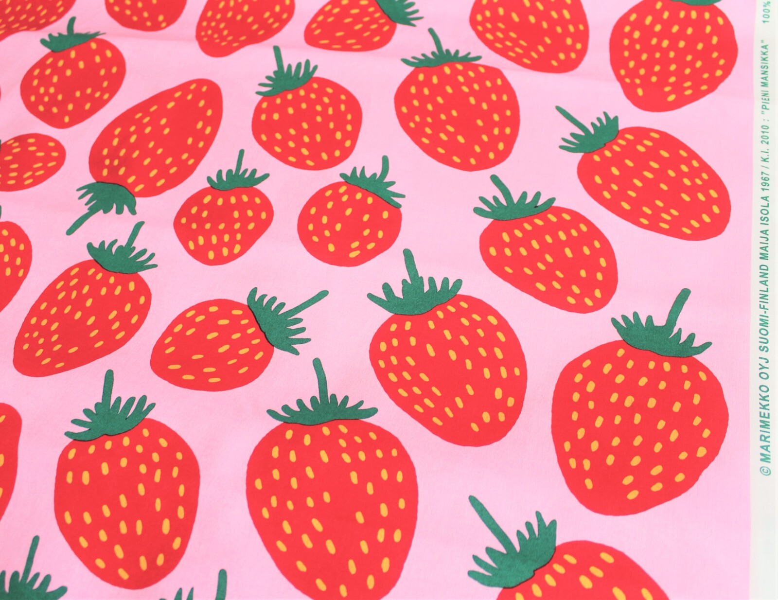Marimekko acryl coated cotton pink/green Pieni Mansikka 145x106cm by Maija Isola