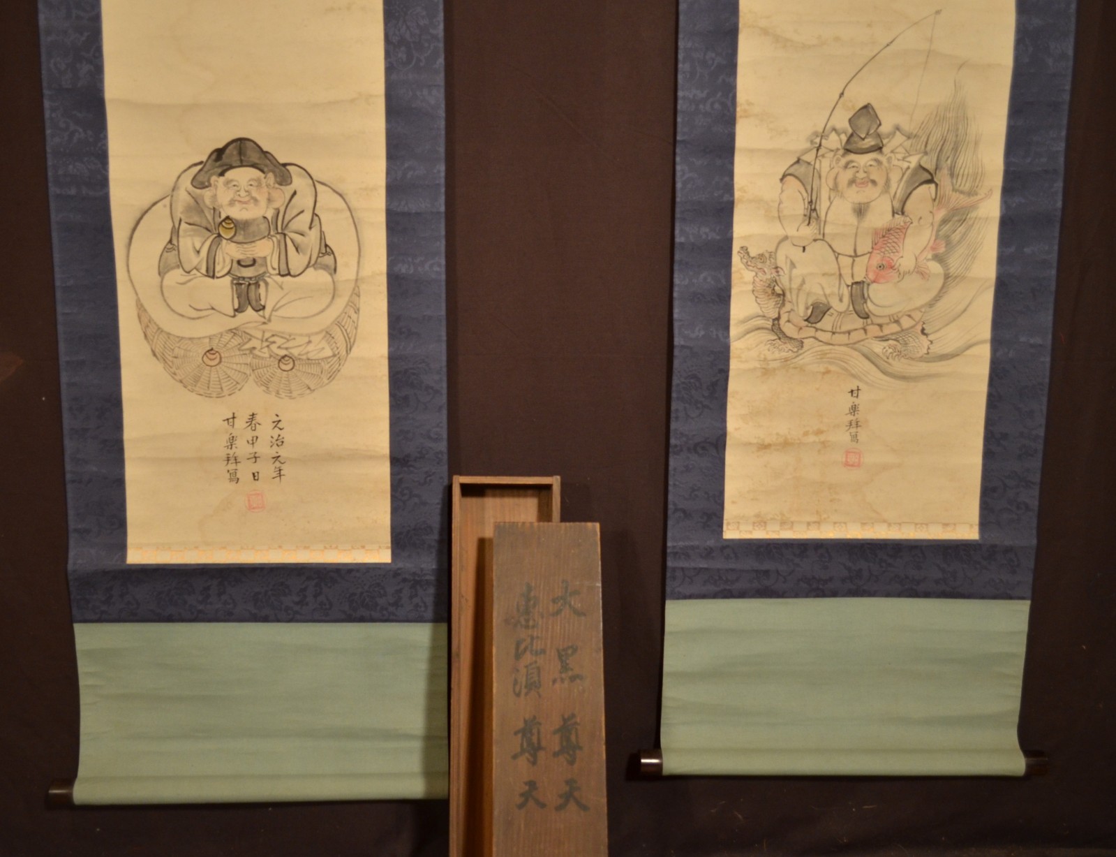 Antique 1864 Late Edo Era Japanese Good Luck Scrolls Pair - Daikokuten & Ebisu