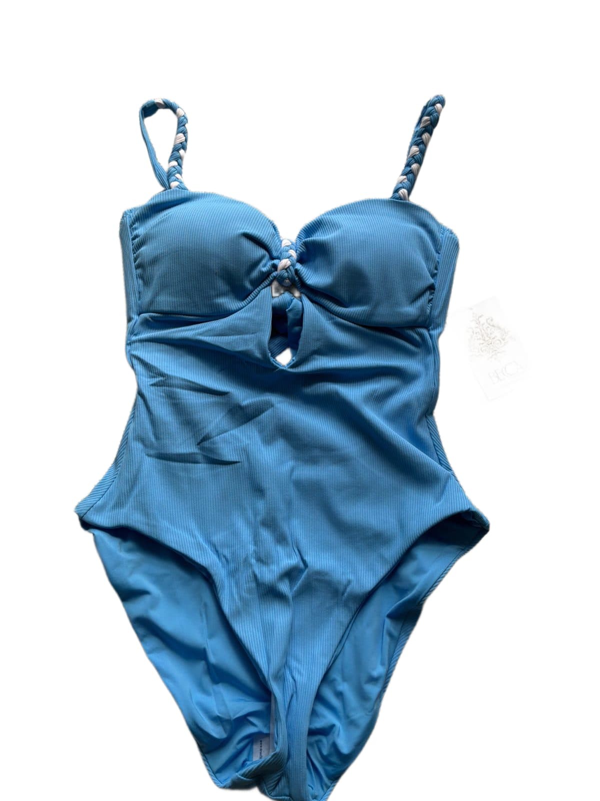 BECCA by Rebecca Virtue One Piece Swimsuit Medium Blue Ribbed Braided Strap NWT