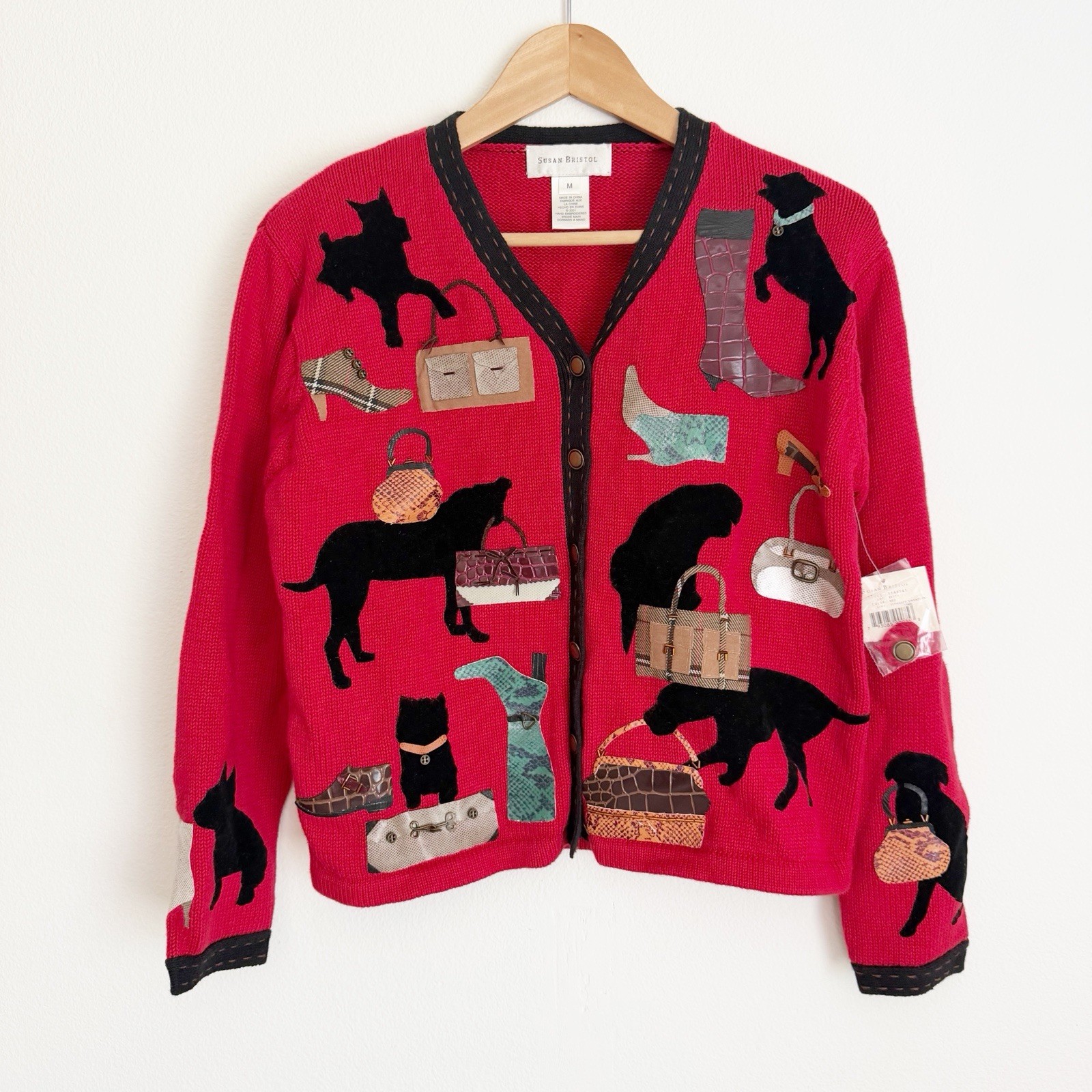 NWT Vintage Susan Bristol Sweater Cardigan Womens Red Appliqué Dog Purse Shoe NWT Vintage Susan Bristol Sweater Cardigan Womens Red Appliqué Dog Purse Shoe
