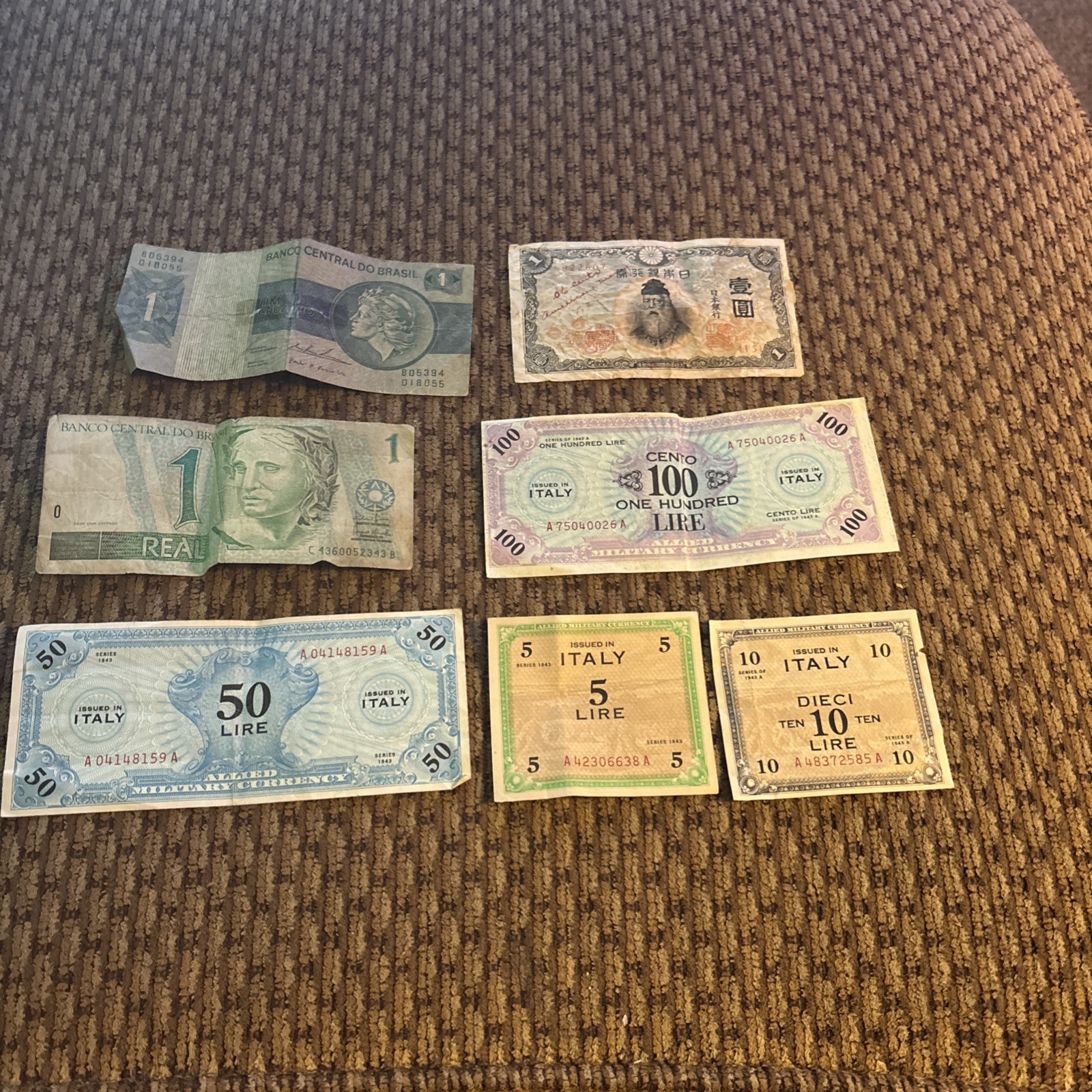 7 Pc Lot Of 1940s WWII Allied Military Currency From Italy, Brazil & Asia 7 Pc Lot Of 1940s WWII Allied Military Currency From Italy, Brazil & Asia