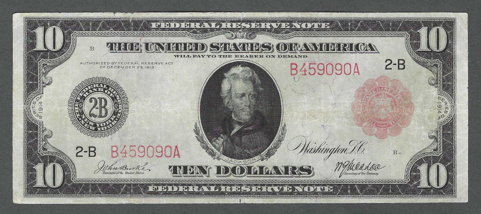 RED SEAL 1914 $10 LARGE Size NEW YORK District VF+ Federal Reserve Note RED SEAL 1914 $10 LARGE Size NEW YORK District VF+ Federal Reserve Note