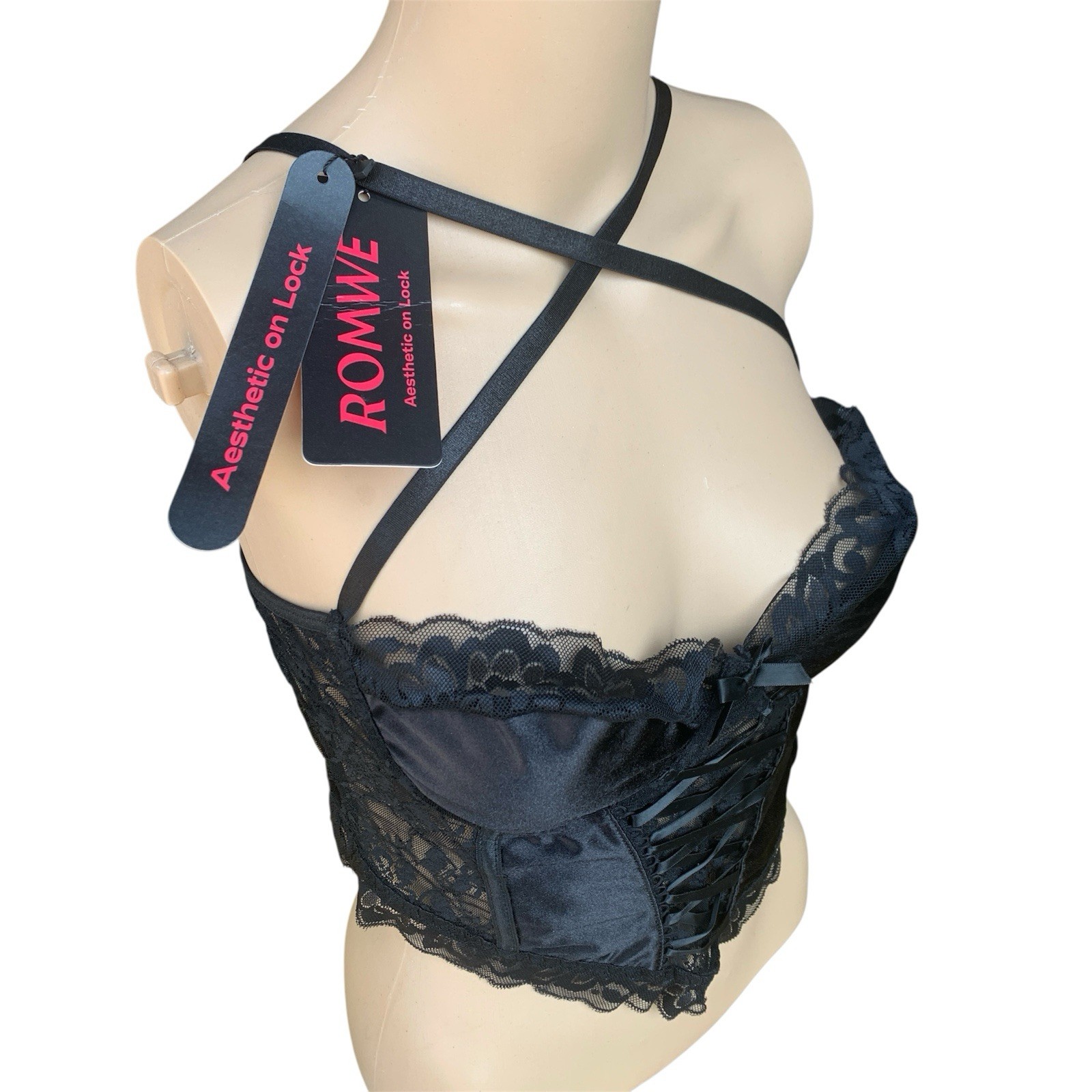 NWT ROMWE Lace-Up Bustier Corset Crochet Floral Print Lingerie XL Black Gothic NWT ROMWE Lace-Up Bustier Corset Crochet Floral Print Lingerie XL Black Gothic