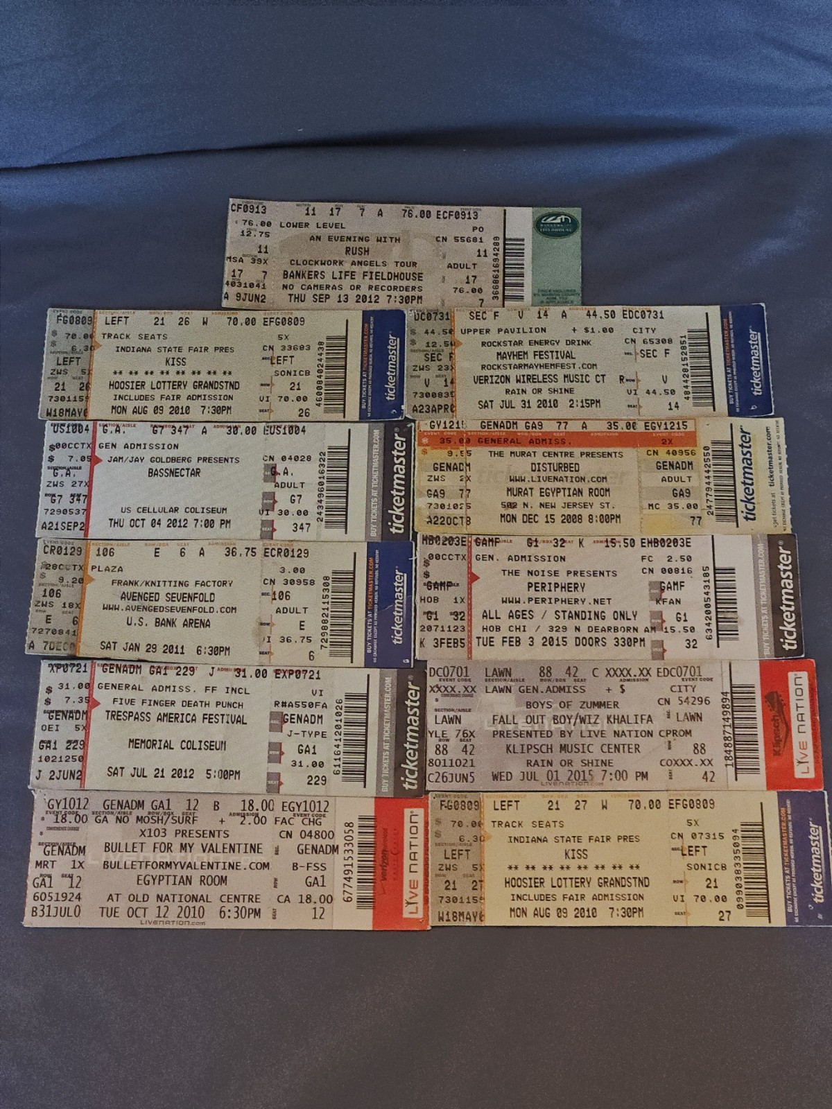 Vintage Concert Ticket Stub Lot - Rush Kiss Avenged Sevenfold Rush Disturbed