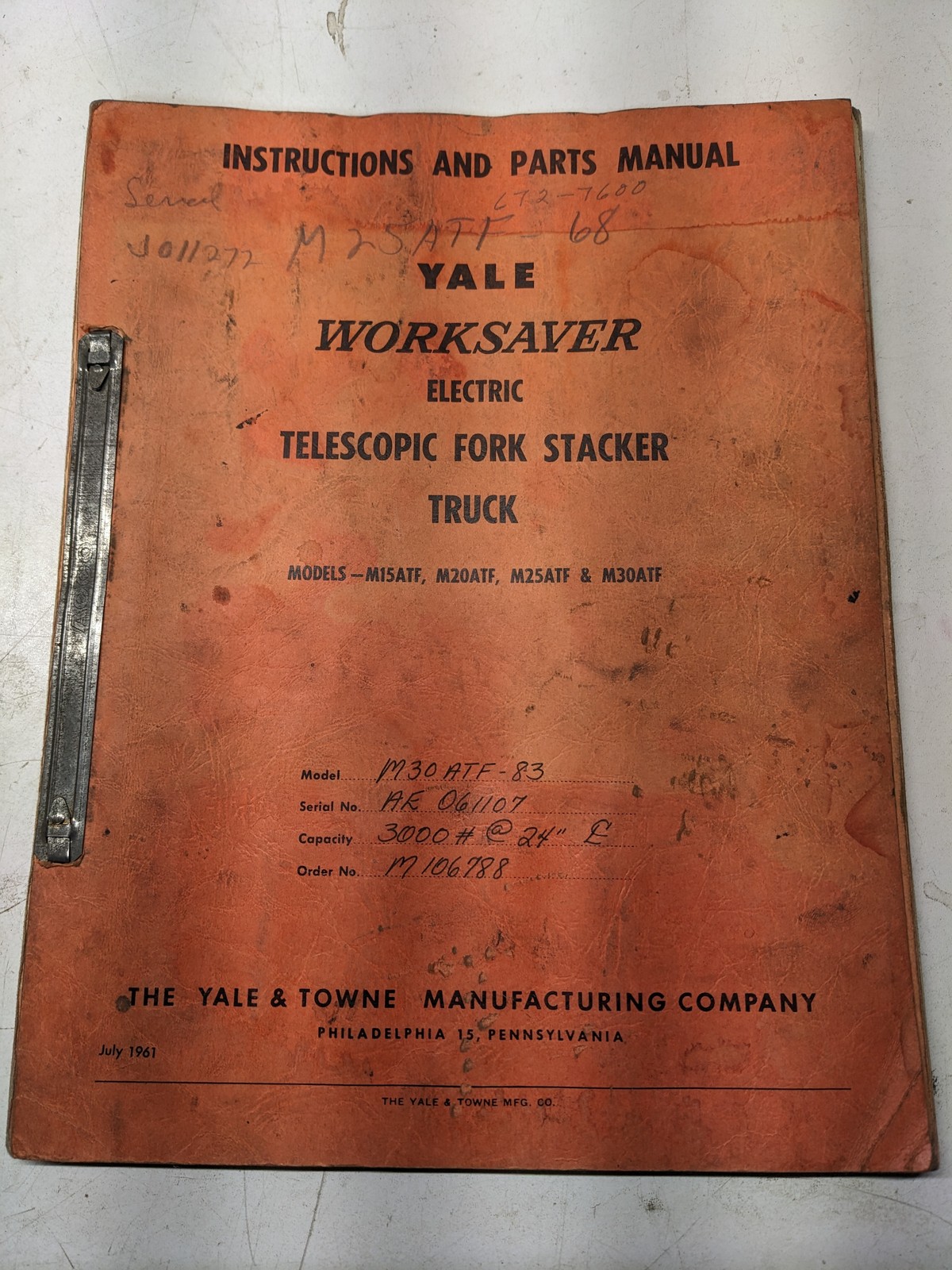 YALE WORKSAVER FORKLIFT INSTRUCTION PARTS LIST MANUAL M 15 20 25 30 ATF 1961