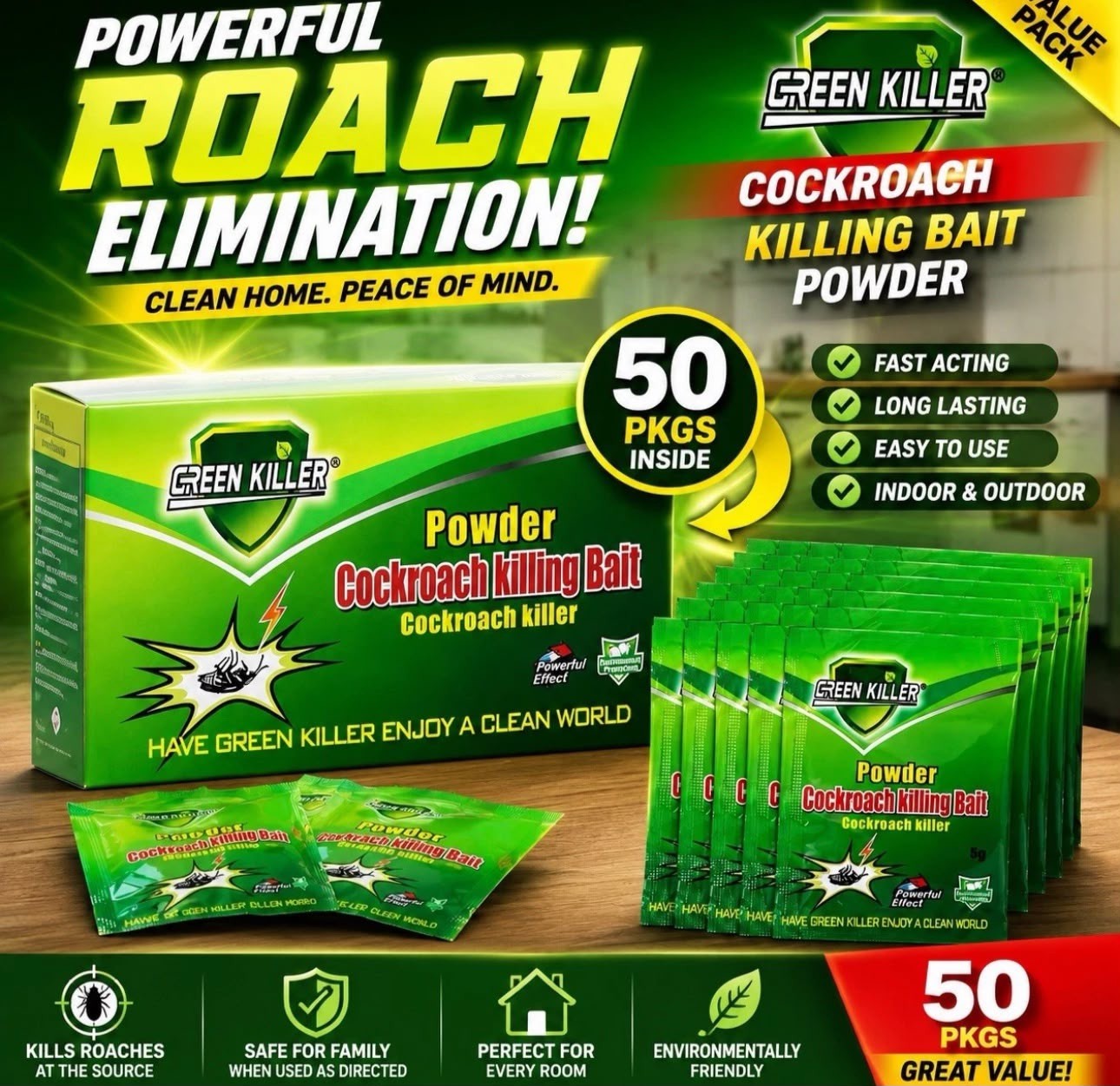 Green Killer Cockroach Killing Powder Bait, Roach Killing Bait Method, 5 g 50pcs Green Killer Cockroach Killing Powder Bait, Roach Killing Bait Method, 5 g 50pcs