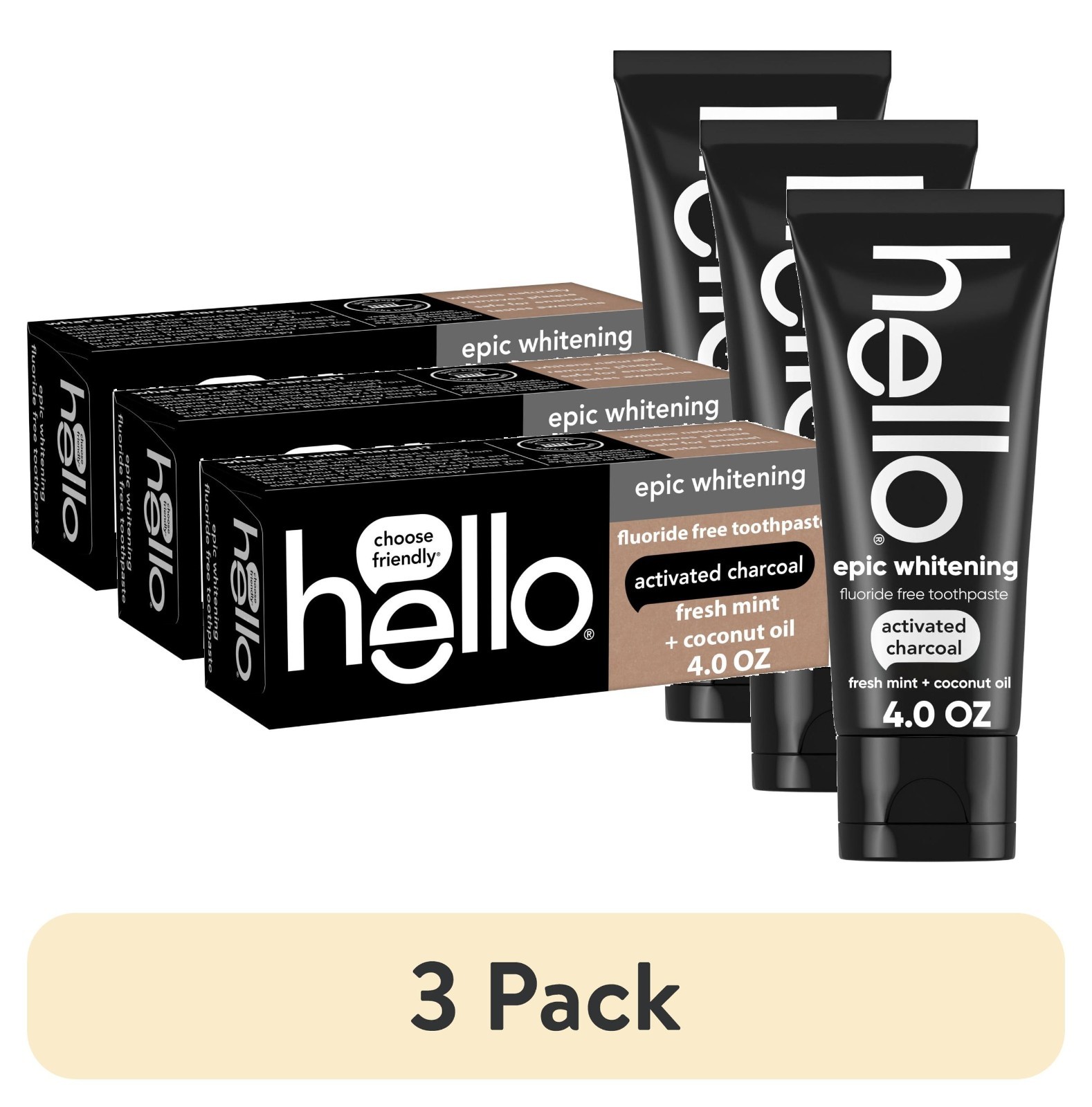 hello Epic Whitening Charcoal Toothpaste, Fresh Mint, 3 x 4.0 oz, Fluoride Free