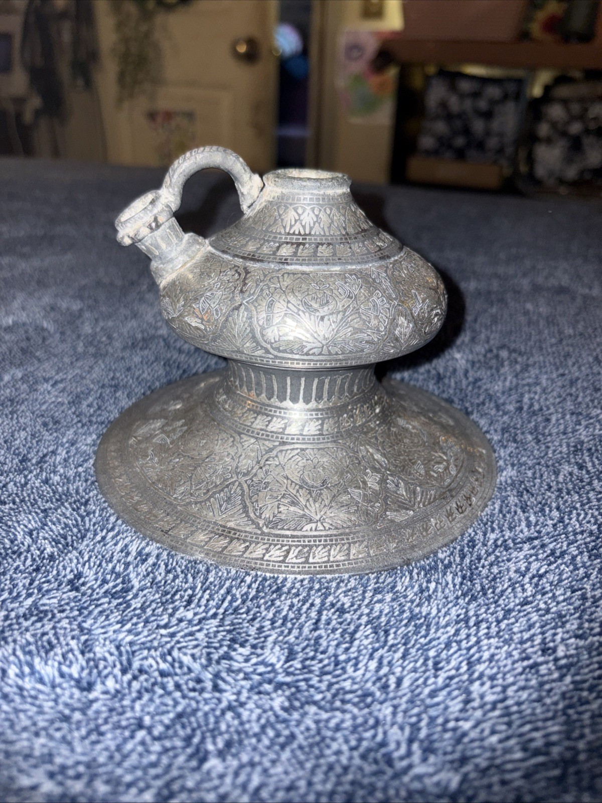 Antique 18/19th C. Islamic Indian Bidri Bidriware Silver Inlay Hookah base Antique 18/19th C. Islamic Indian Bidri Bidriware Silver Inlay Hookah base