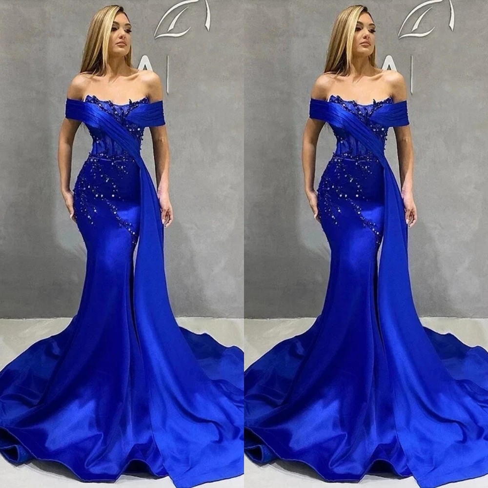 Royal Blue Mermaid Prom Dress Beaded Satin Formal Elegant Evening Party Gown