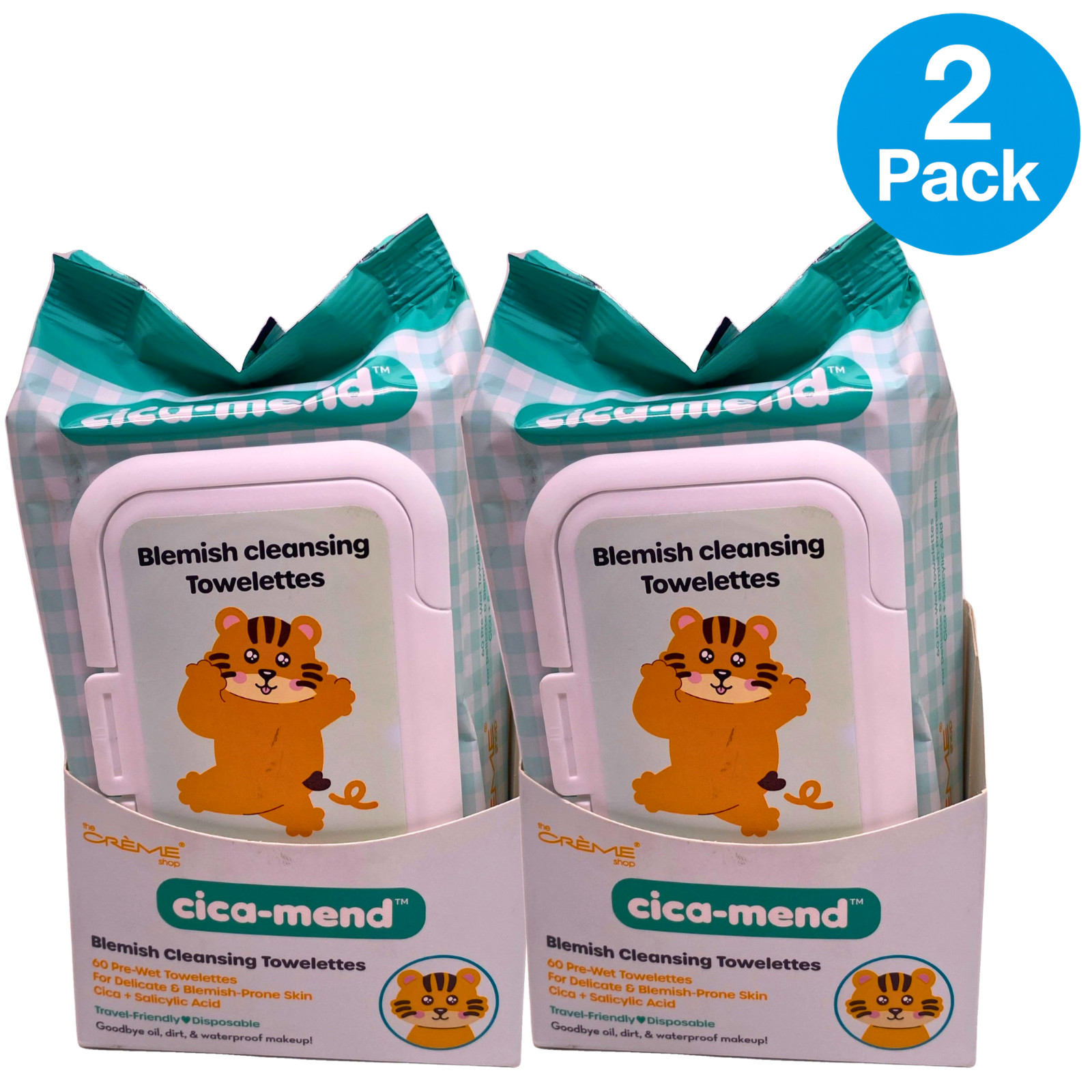The Crème Shop Cica-Mend Blemish Cleansing Towelettes 60 Count 2 Pack New