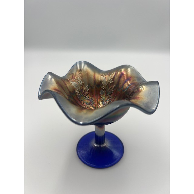 VTG Fenton Rib & Holly Sprig Cobalt Blue Carnival Glass Ruffled Compote MCM VTG Fenton Rib & Holly Sprig Cobalt Blue Carnival Glass Ruffled Compote MCM