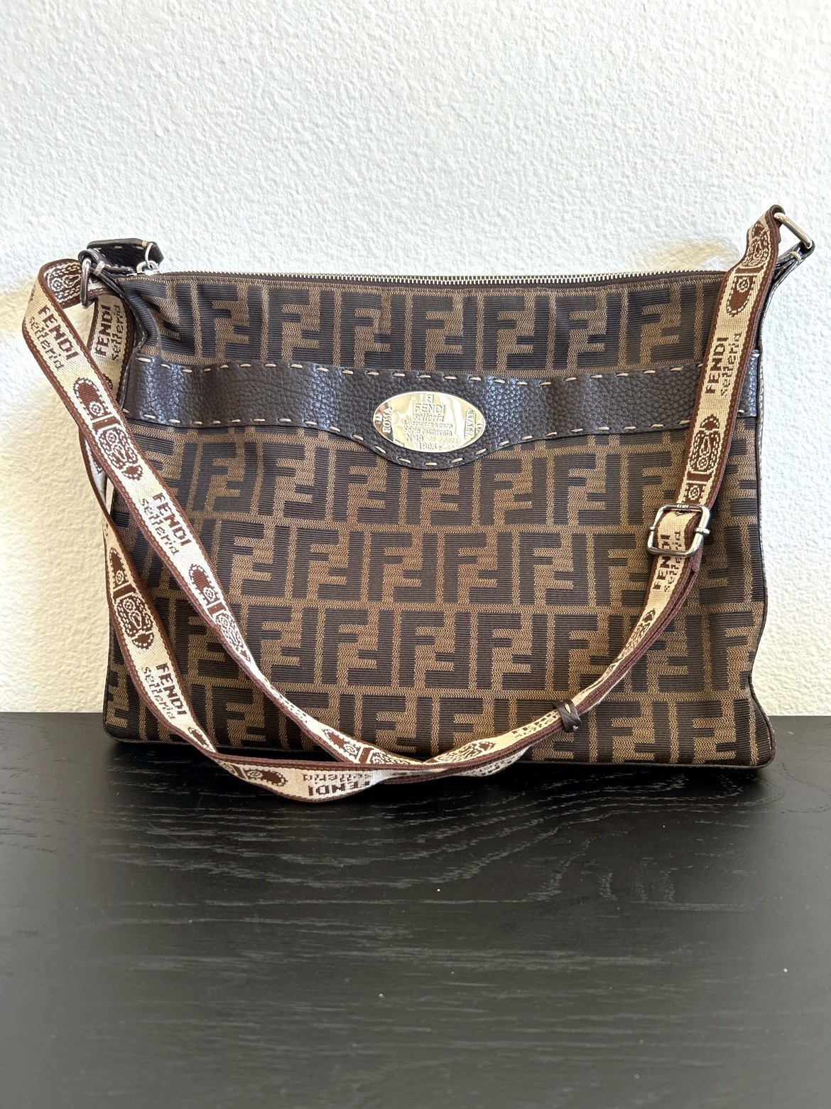 Fendi Selleria Zucca Crossbody Bag Brown FF Logo Adjustable Strap Italy Fendi Selleria Zucca Crossbody Bag Brown FF Logo Adjustable Strap Italy
