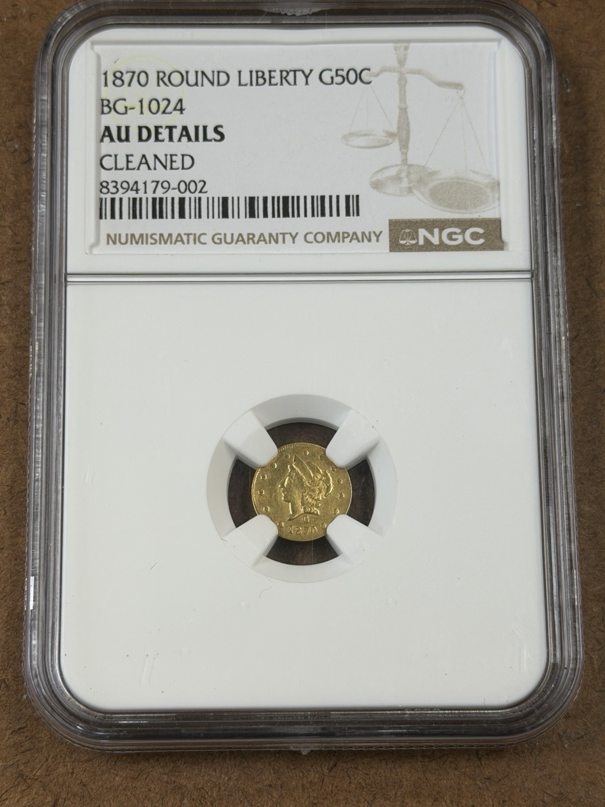 1870 California Fractional Gold NGC AU Details Cleaned Prooflike G50C BG-1024 1870 California Fractional Gold NGC AU Details Cleaned Prooflike G50C BG-1024