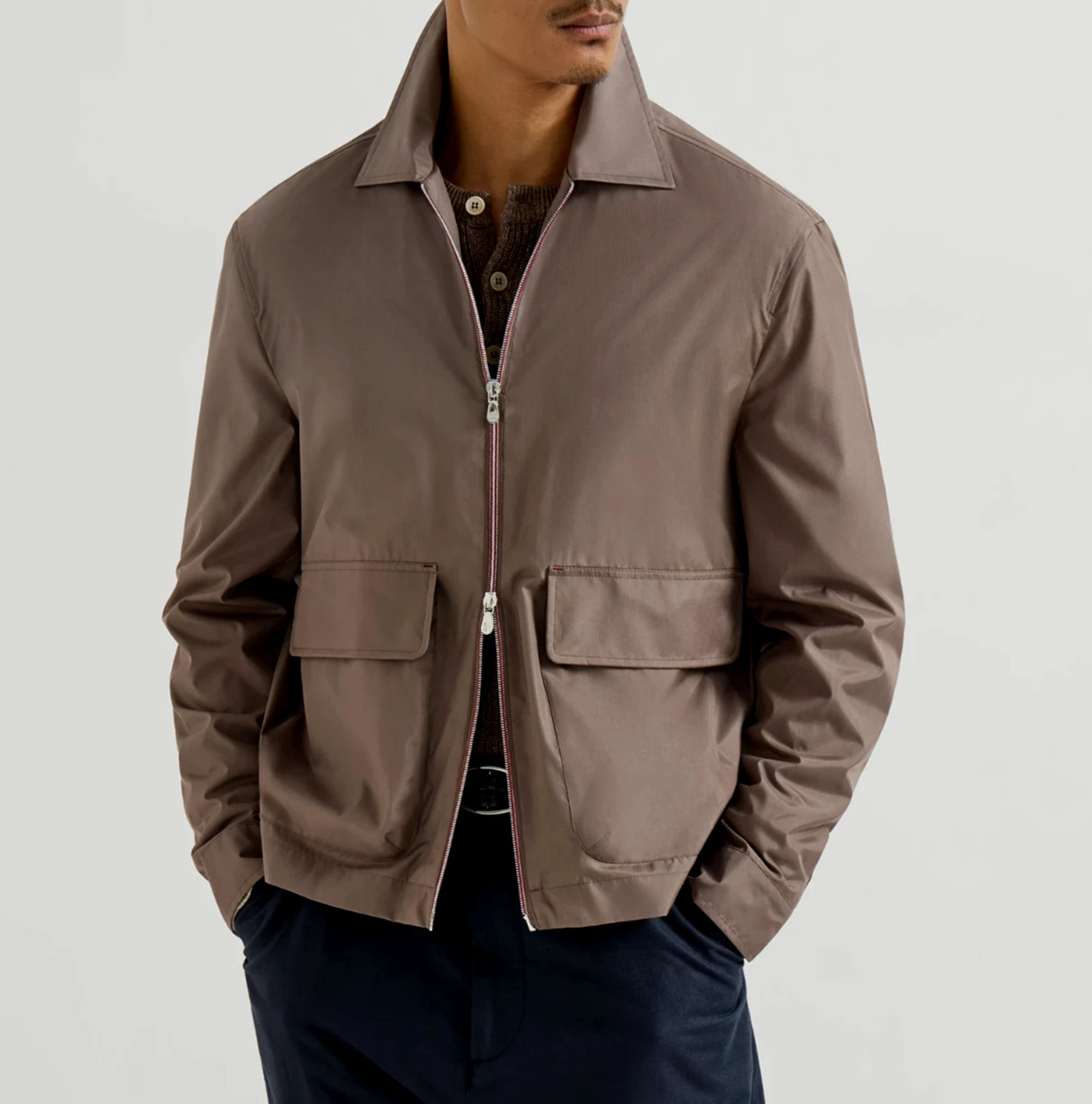 NWT $4500 Brunello Cucinelli Men's 92% Silk Zip Jacket With Logo Accents  A268