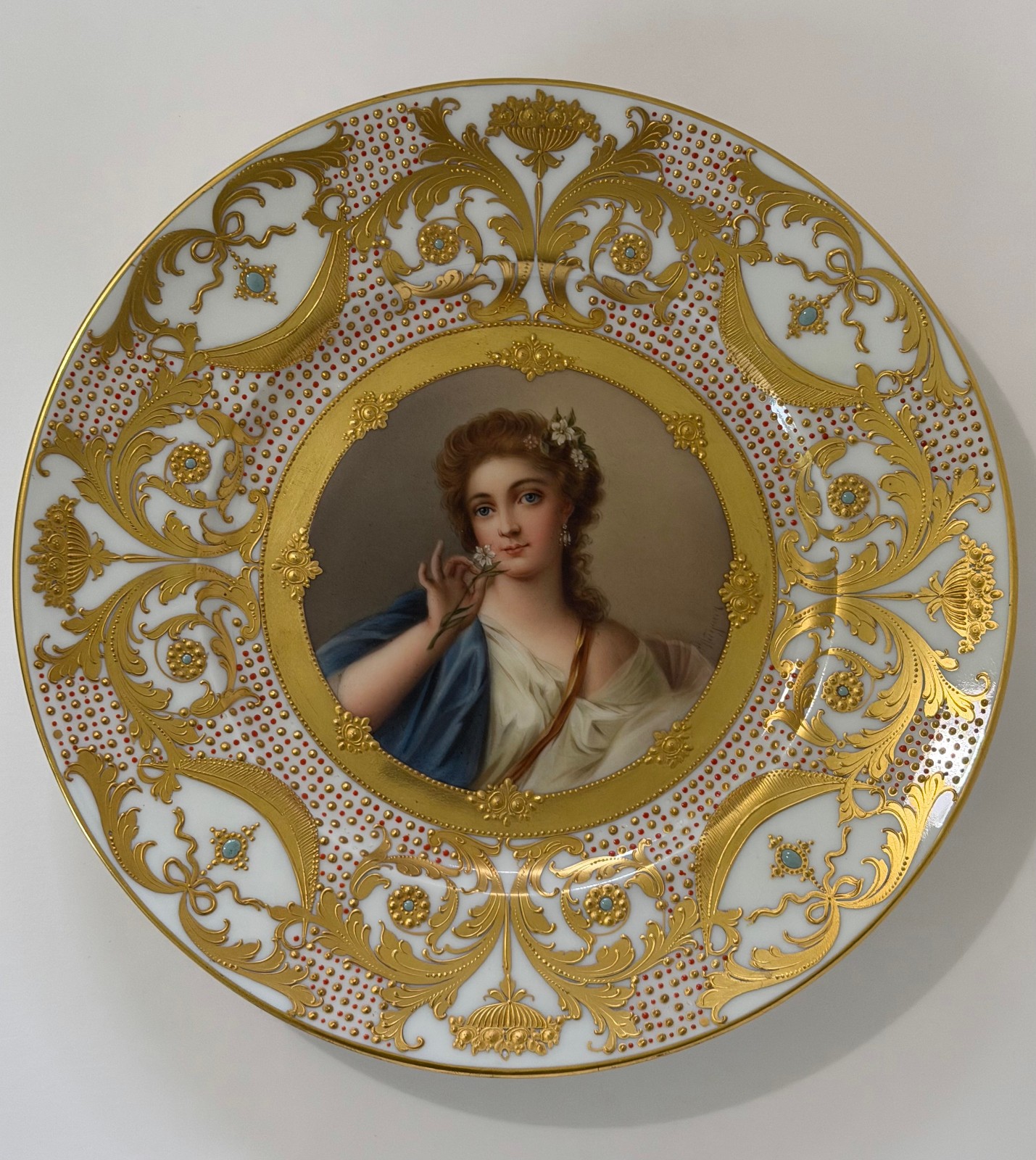 Antique Royal Vienna Style Pompadour Portrait Plate Signed Wagner Jeweled 9.6\