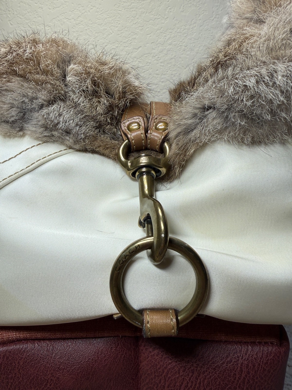 Authentic Coach Handbag,Fabric W/ Fur And Leather Trim, Purse, Authentic Coach Handbag,Fabric W/ Fur And Leather Trim, Purse,
