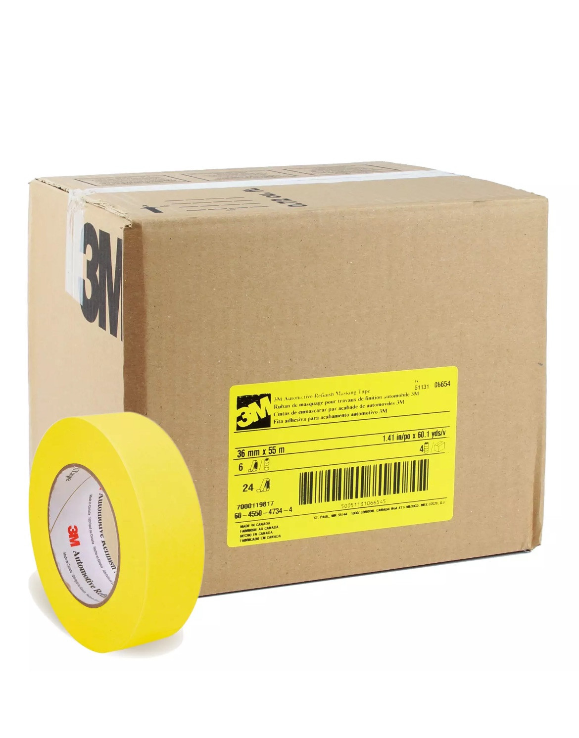 3M NEW Case Refinish Yellow Masking Tape Rolls 36mm Car Repair 6654 (24 Rolls)