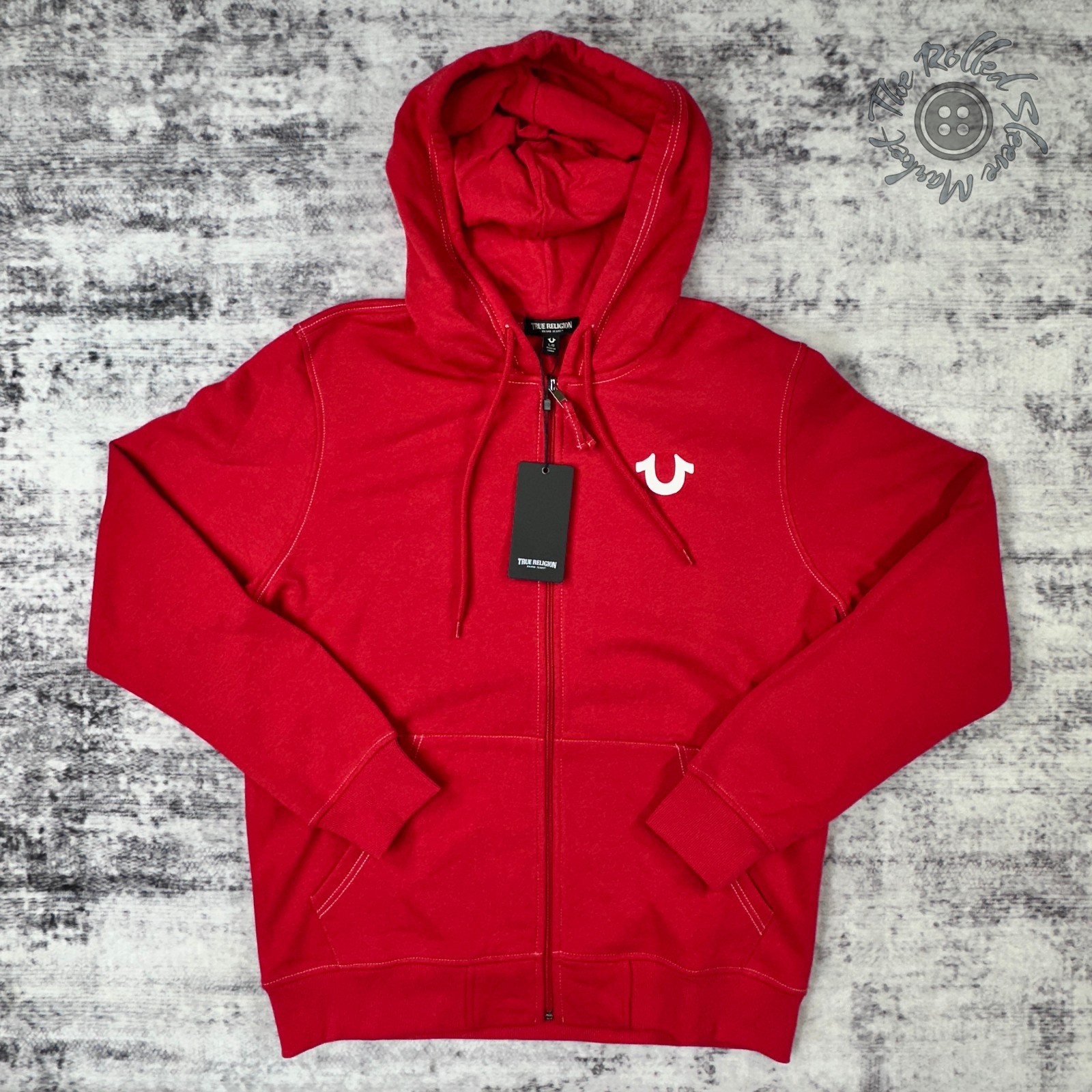 NWT True Religion Buddha Logo Seal Zip Hoodie Men\'s Large Red 108407 MSRP $119