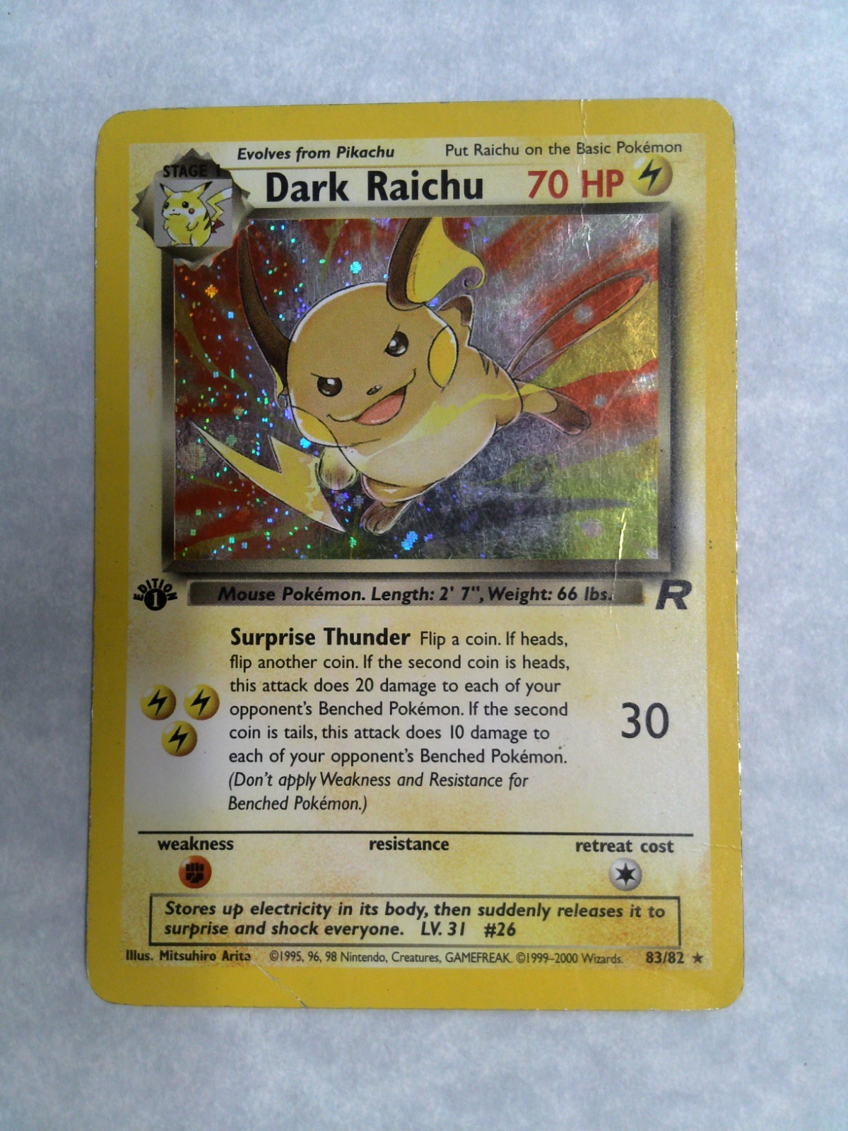 Pokemon Dark Raichu Team Rocket 1st Edition Holo Rare 83/82 DMG Pokemon Dark Raichu Team Rocket 1st Edition Holo Rare 83/82 DMG