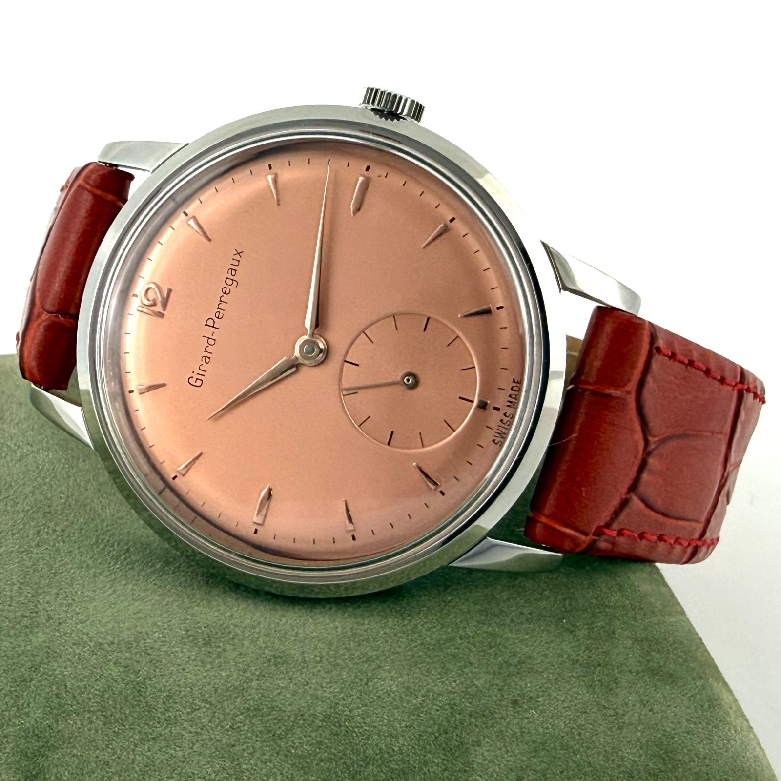 FINE VINTAGE GIRARD PERREGAUX MANUAL WIND STEEL OVERSIZED WATCH NICE ROSE DIAL