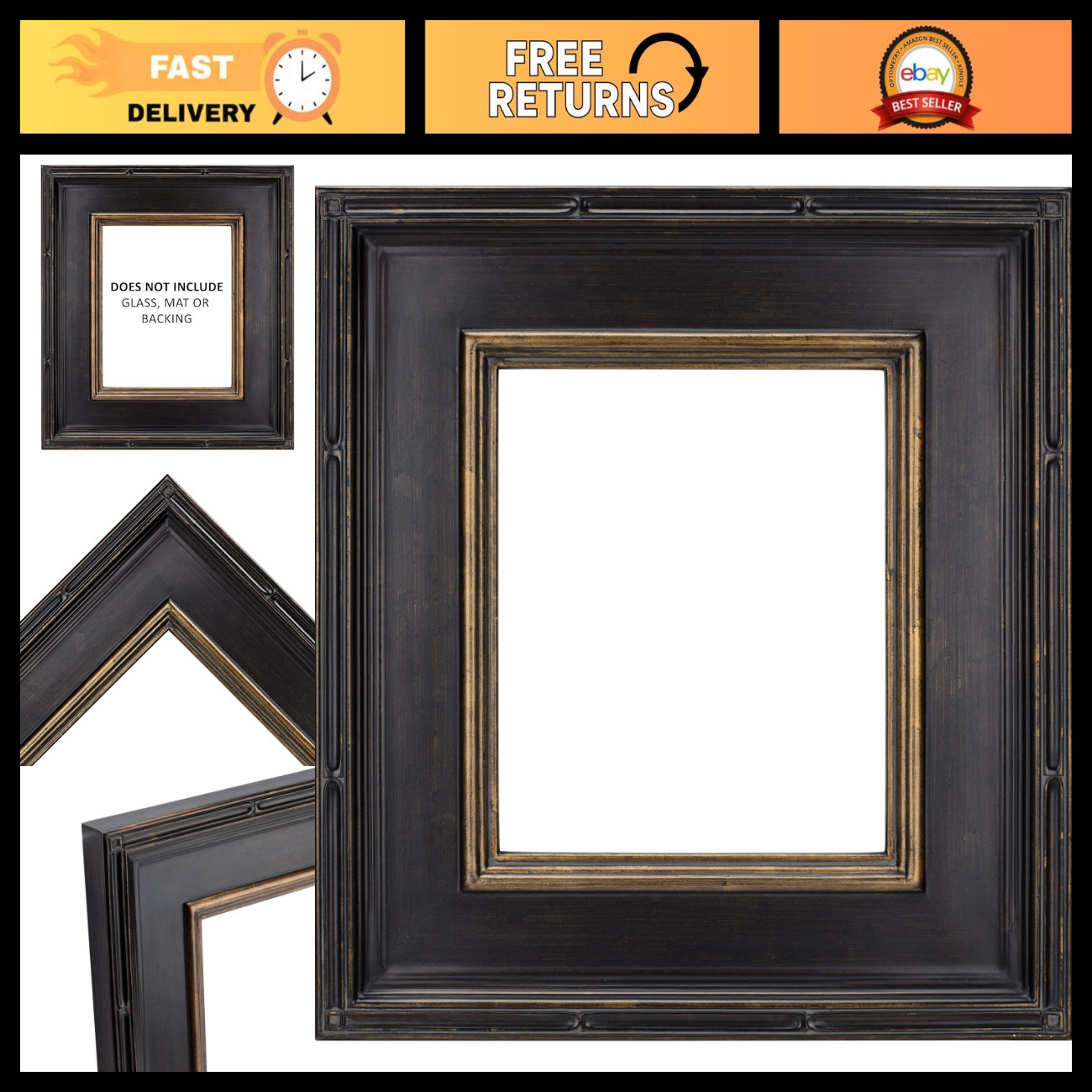Ornate 11x14 Antique Black & Gold Picture Frame - High-End Plein Aire Style, Ope