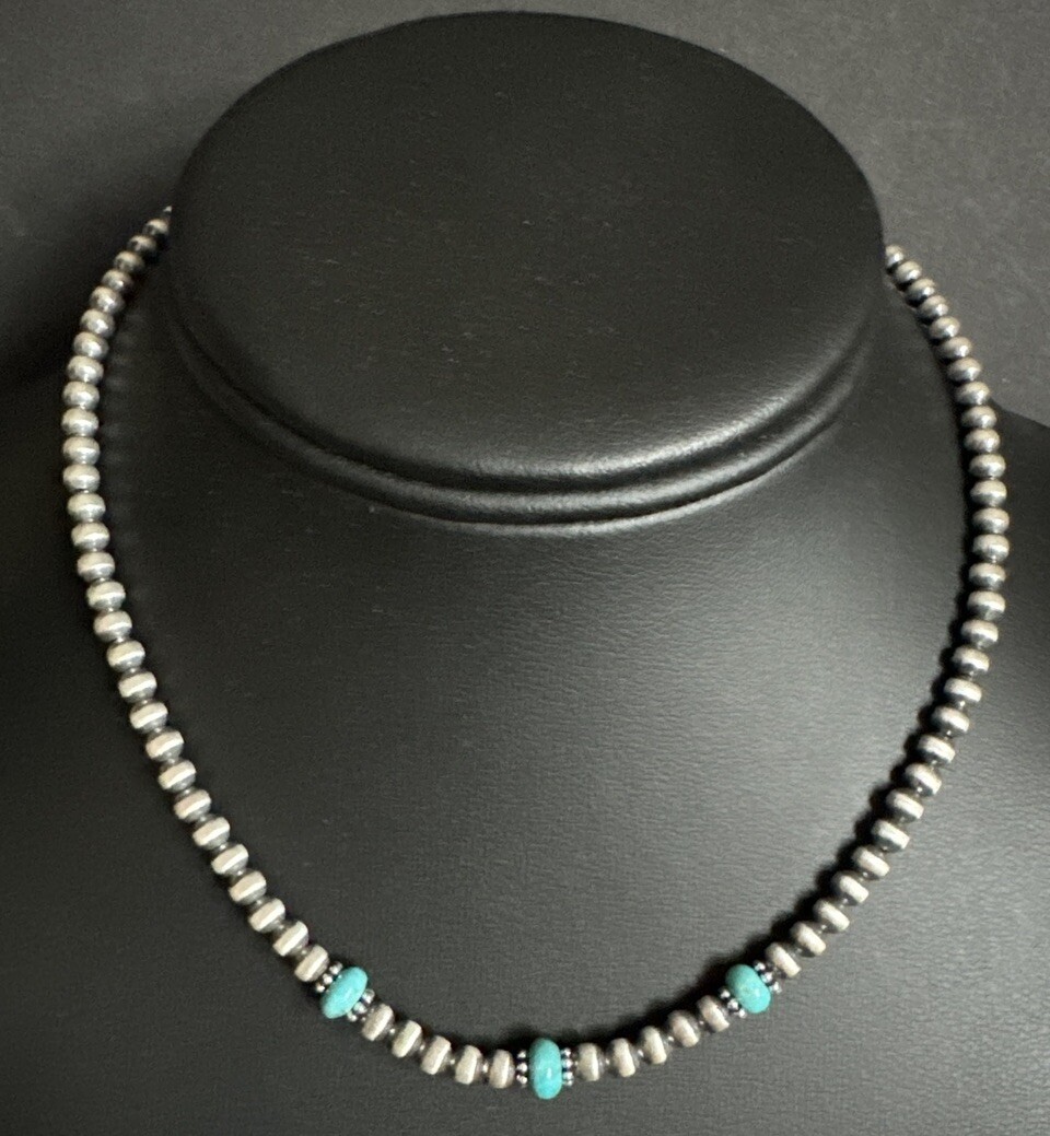 Sterling Silver 4mm Pearls with Turquoise Bead Necklace Choker. 14 inch Sterling Silver 4mm Pearls with Turquoise Bead Necklace Choker. 14 inch