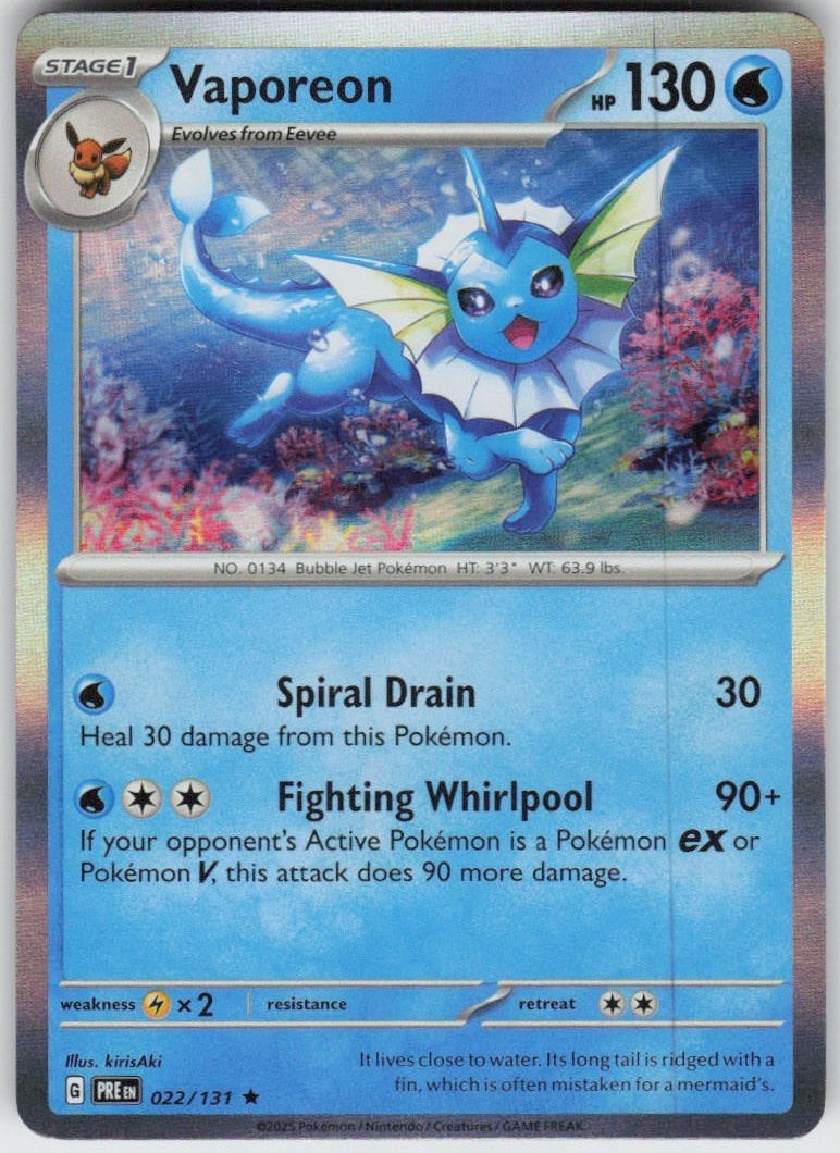 Holo Vaporeon 022/131 Rare Prismatic Evolutions Near Mint Holo Vaporeon 022/131 Rare Prismatic Evolutions Near Mint