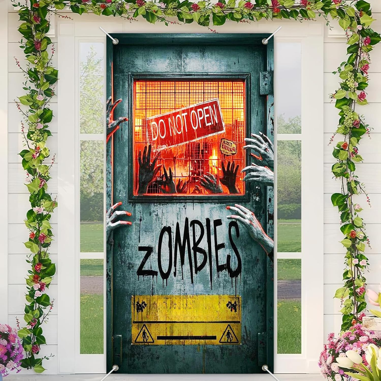 Halloween Zombie Warning Door Cover 35X71 Inch Polyester