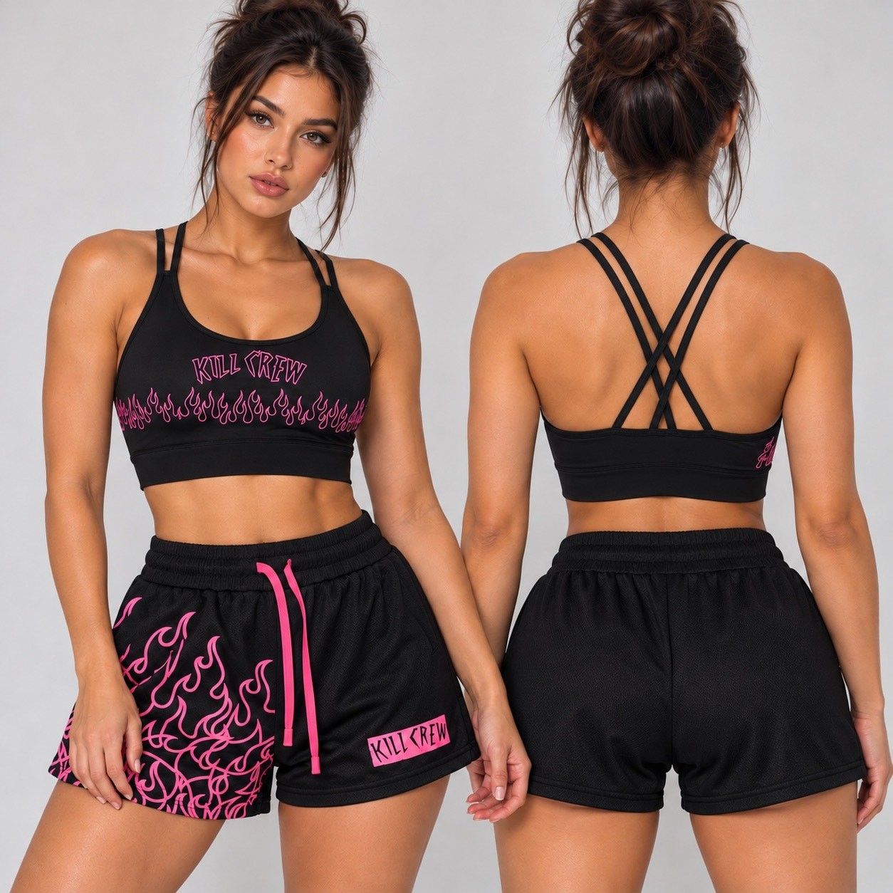 Kill Crew Black & Hot Pink Flame Sports Bra and Shorts Set – M