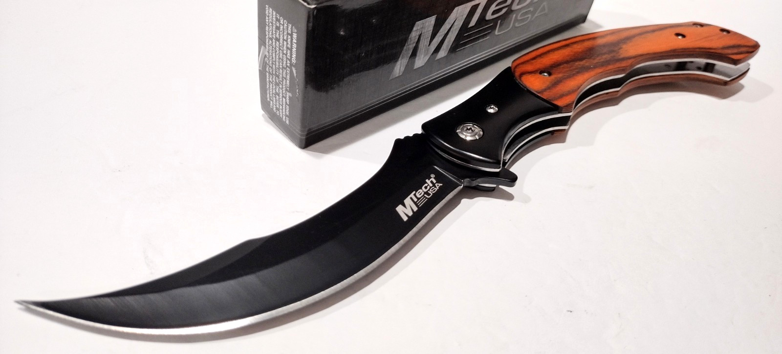 MTECH A/O Large Curved Blade Brown Wood Tactical Linerlock Folding Pocket Knife MTECH A/O Large Curved Blade Brown Wood Tactical Linerlock Folding Pocket Knife