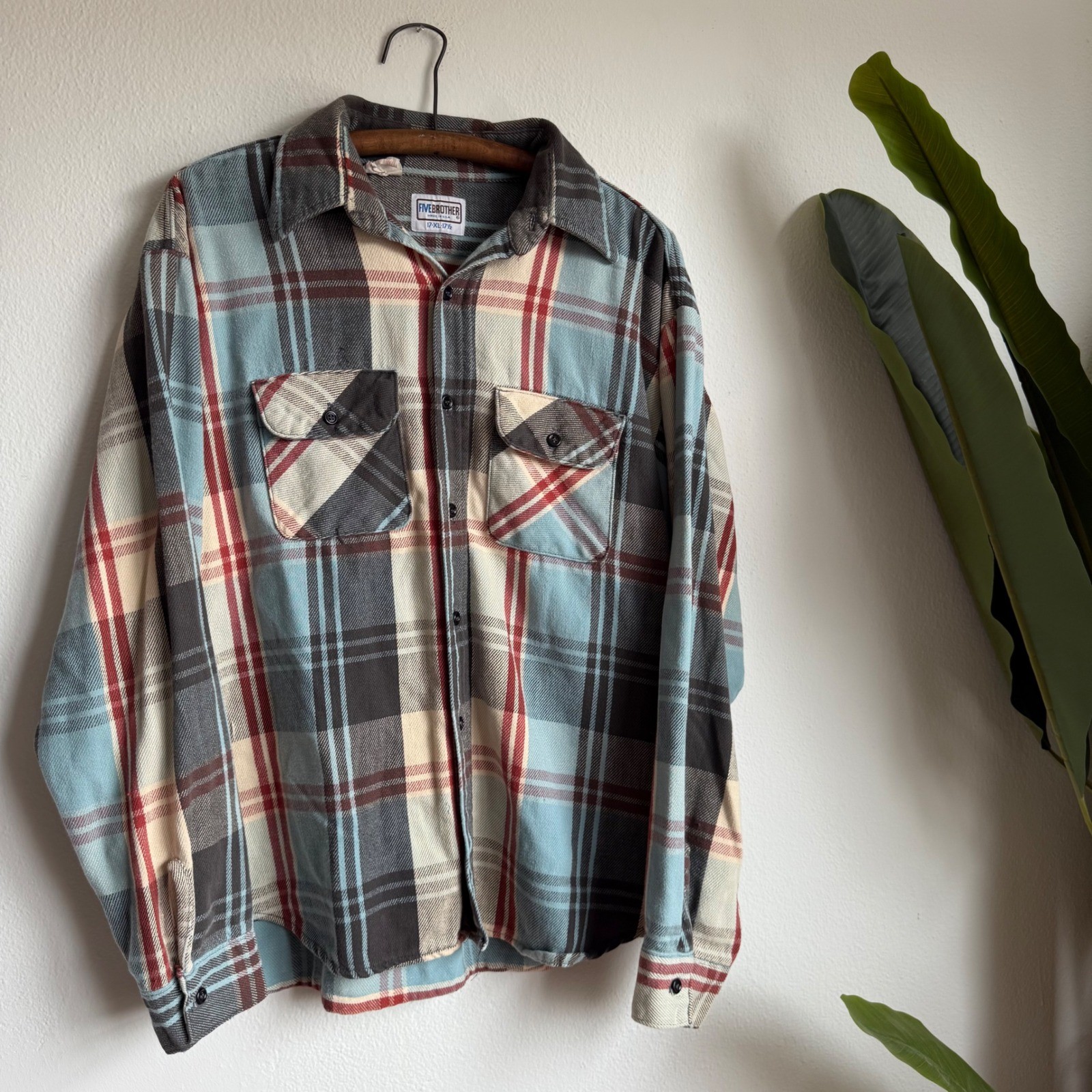 Vintage 70s/80s Five Brother Plaid Flannel Shirt USA Made XL Cotton