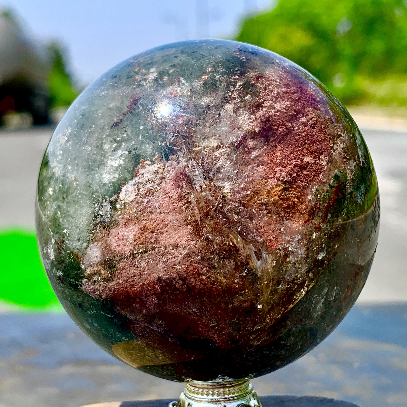 295G Natural Green garden ghostQuartz Ball Crystal Sphere Mineral Specimen