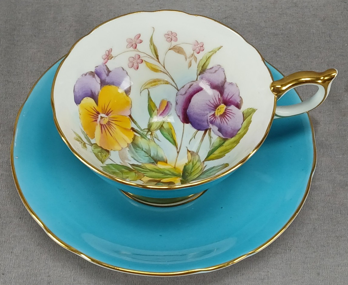 Vintage Aynsley Pansy Pattern Turquoise Signed G Bentley Bone China Cup & Saucer Vintage Aynsley Pansy Pattern Turquoise Signed G Bentley Bone China Cup & Saucer